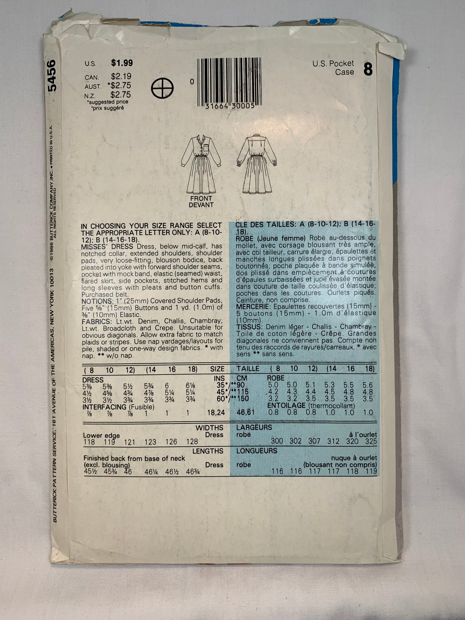Butterick See & Sew 5456 Misses' Dress, Size 8-12, Cut, Vintage 1986