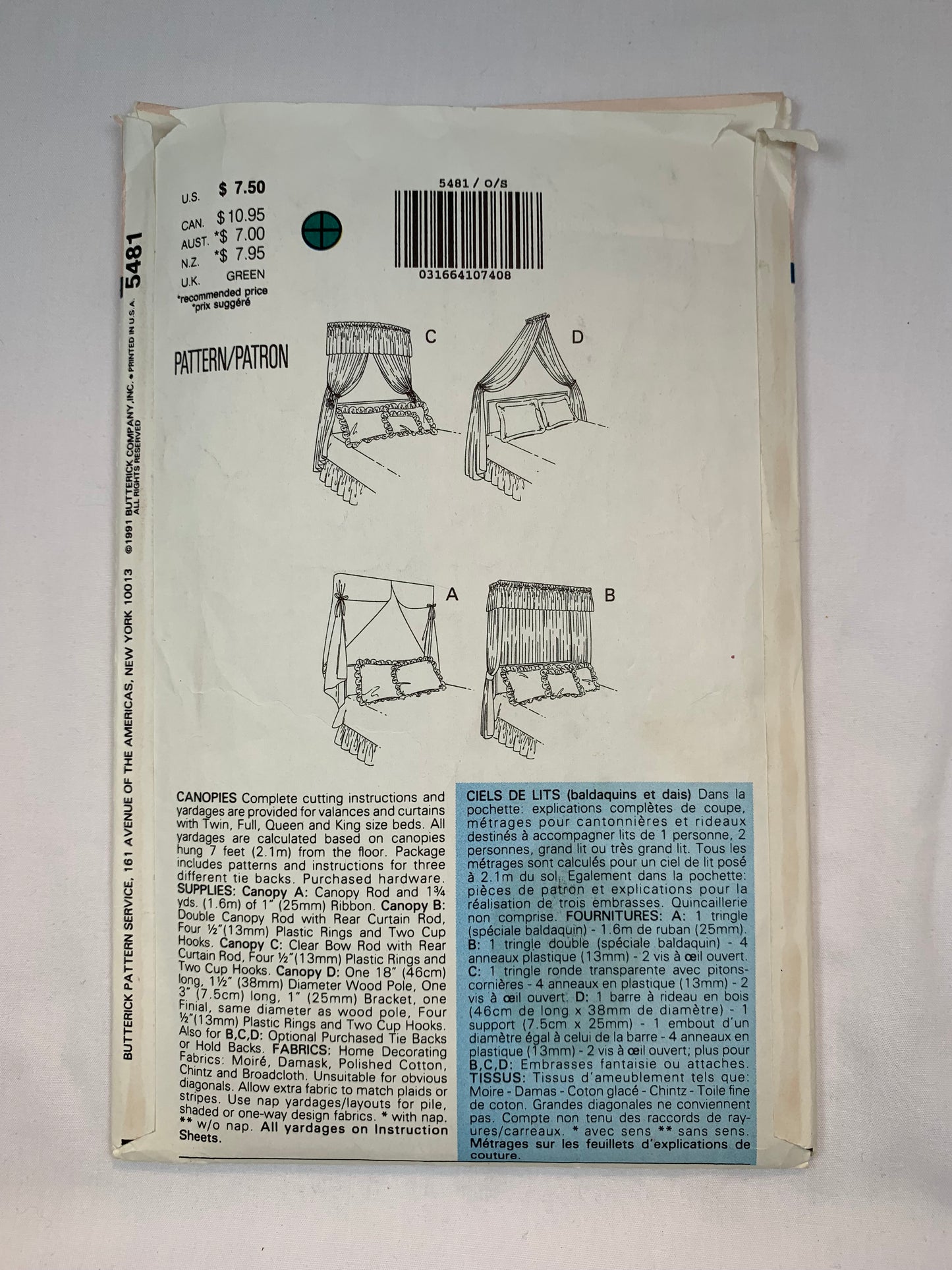 Butterick 5481 Home Decor Canopies, Head Boards, Cut, Vintage 1991