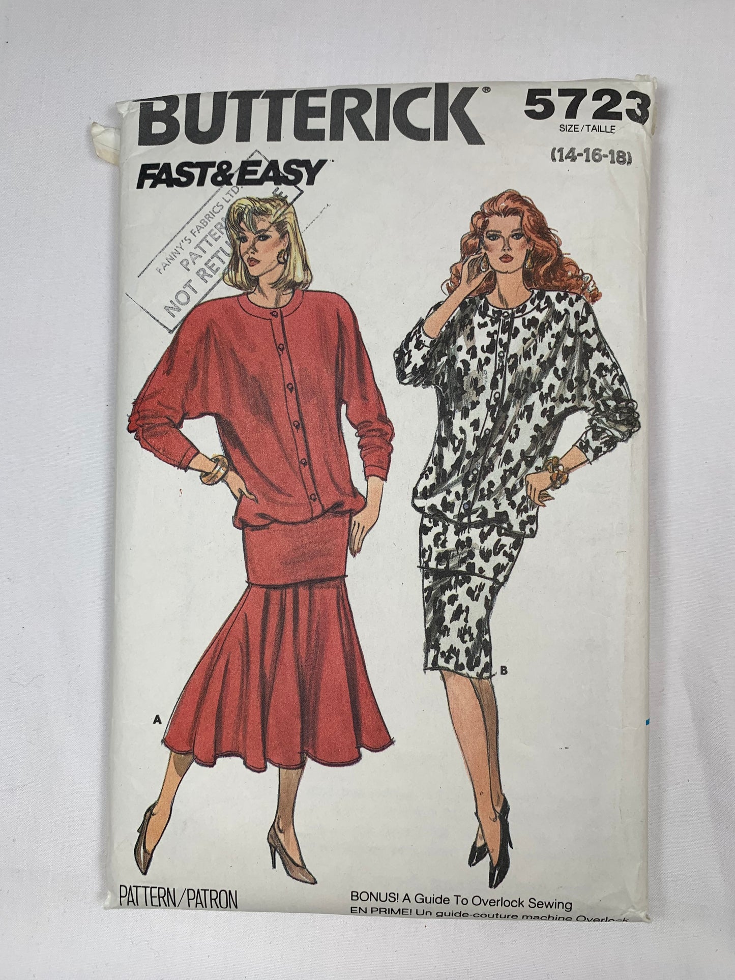 Butterick 5723 Misses' Top, Skirt, Size 14-18, Cut, Vintage 1987