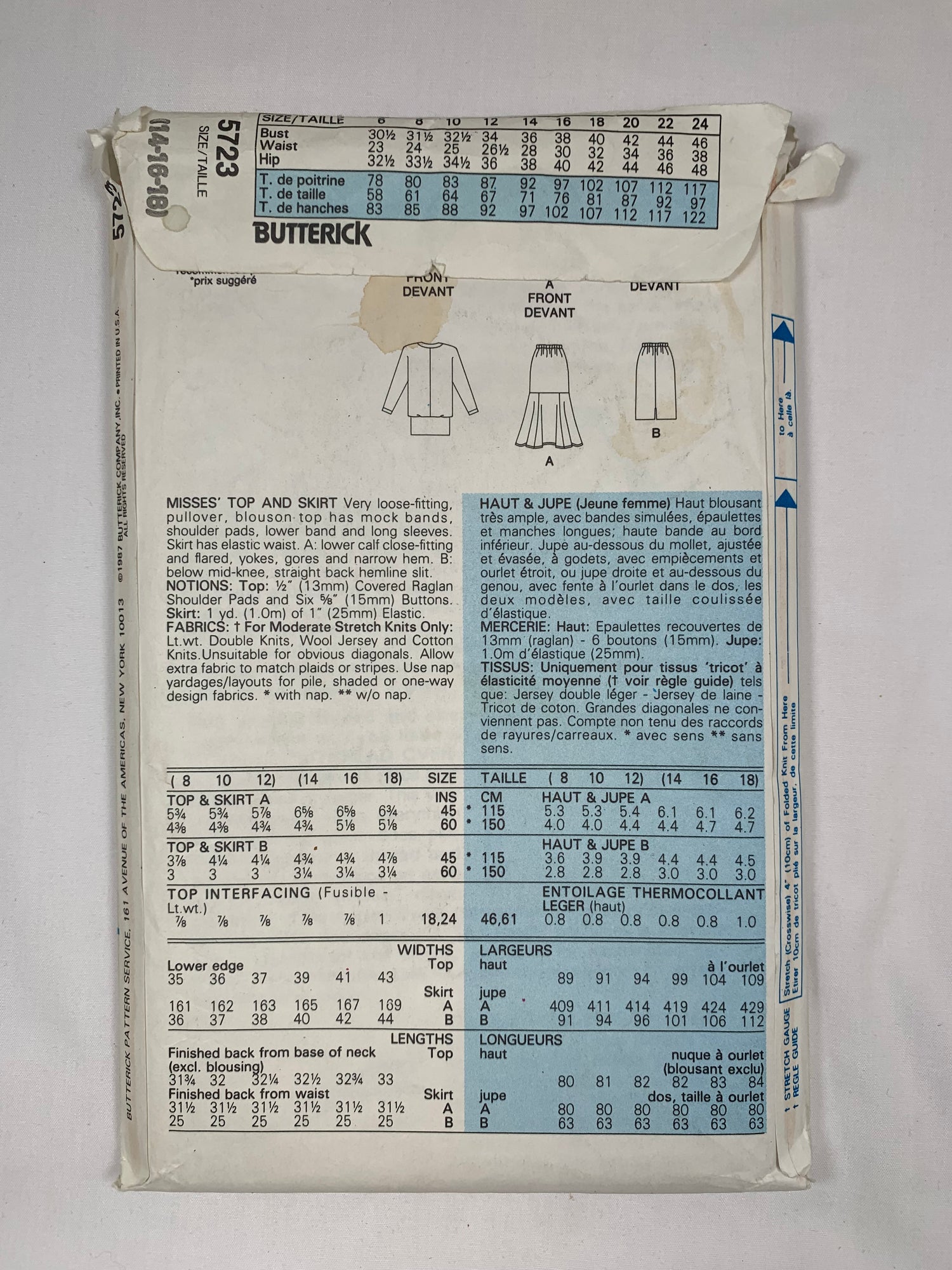 Butterick 5723 Misses' Top, Skirt, Size 14-18, Cut, Vintage 1987