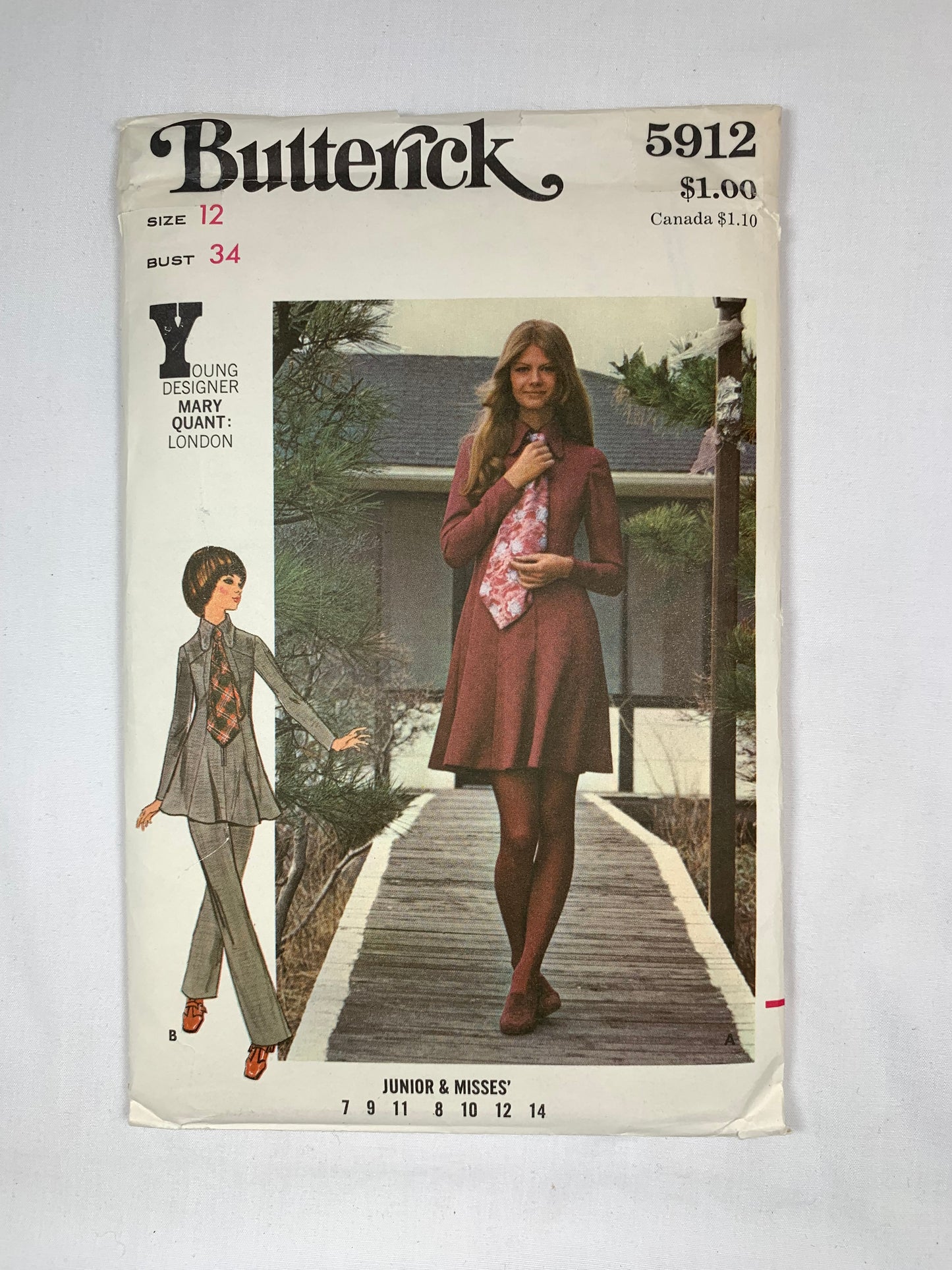 Butterick 3210 Mary Quant, Misses' Juniors' Dress Pants, Scarf, Size 12, Uncut, Vintage 1970