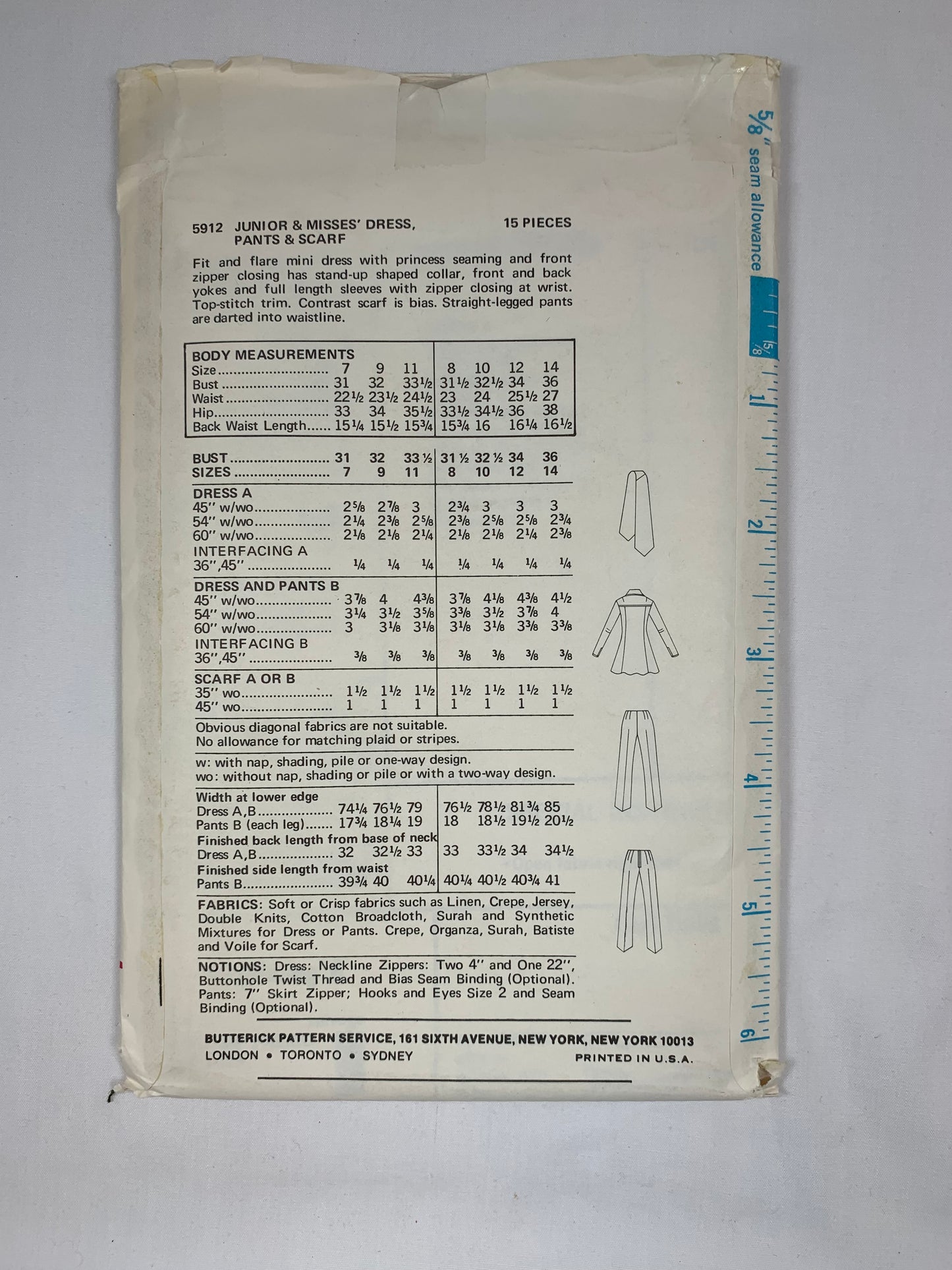 Butterick 3210 Mary Quant, Misses' Juniors' Dress Pants, Scarf, Size 12, Uncut, Vintage 1970