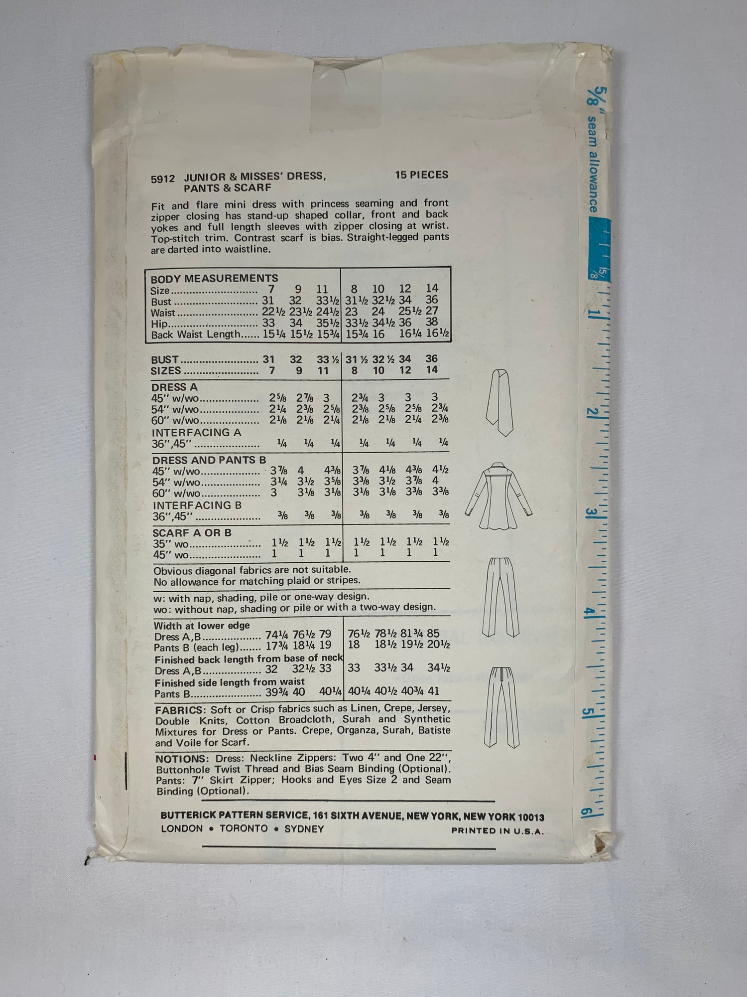Butterick 3210 Mary Quant, Misses' Juniors' Dress Pants, Scarf, Size 12, Uncut, Vintage 1970