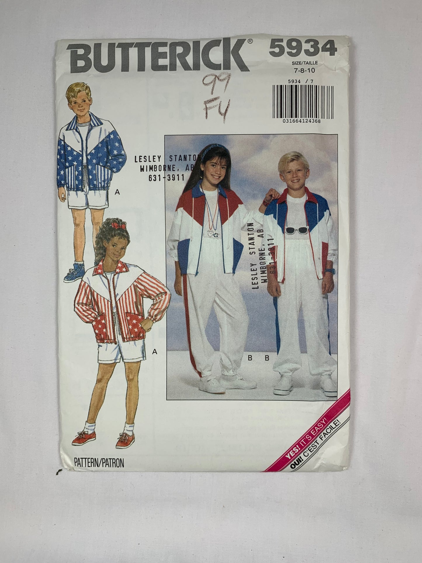 Butterick 5934 Girls' Boy's Pants, Jacket, Shorts, Size 7-10, Uncut, Vintage 1992