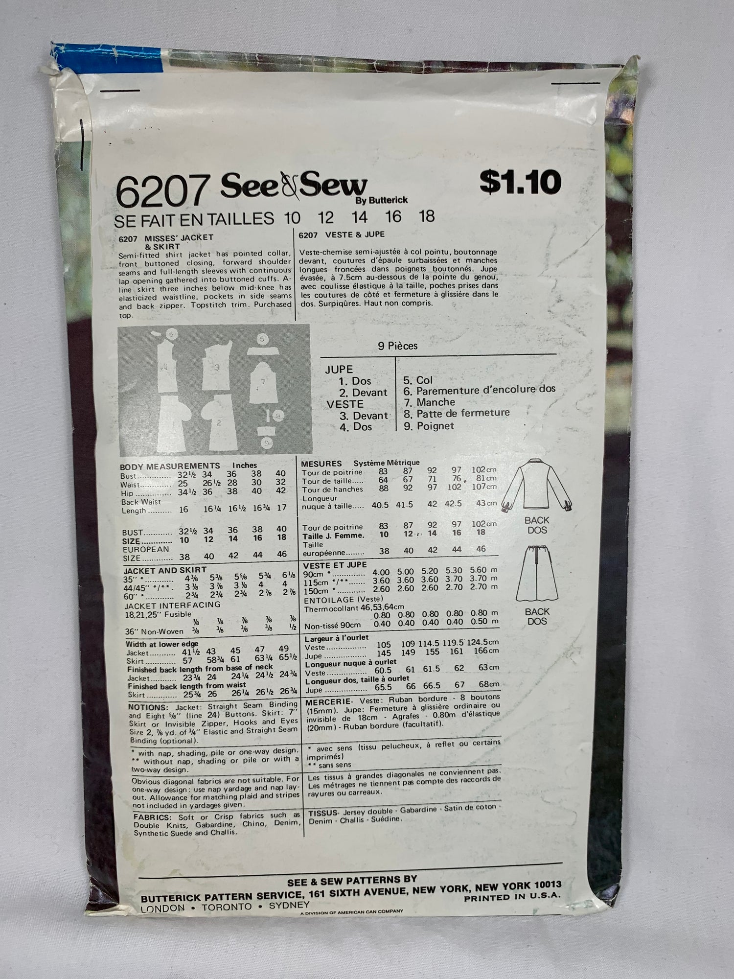 Butterick 6207 See & Sew Misses' Jacket, Skirt, Size 12-16, Cut, Vintage 1986