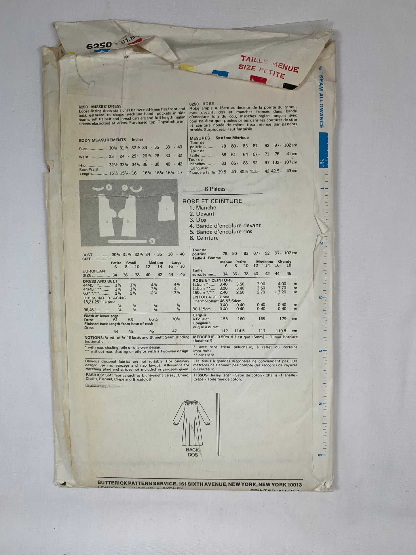 Butterick 6250 Misses' Dress, Size 6, Uncut, Vintage 1970
