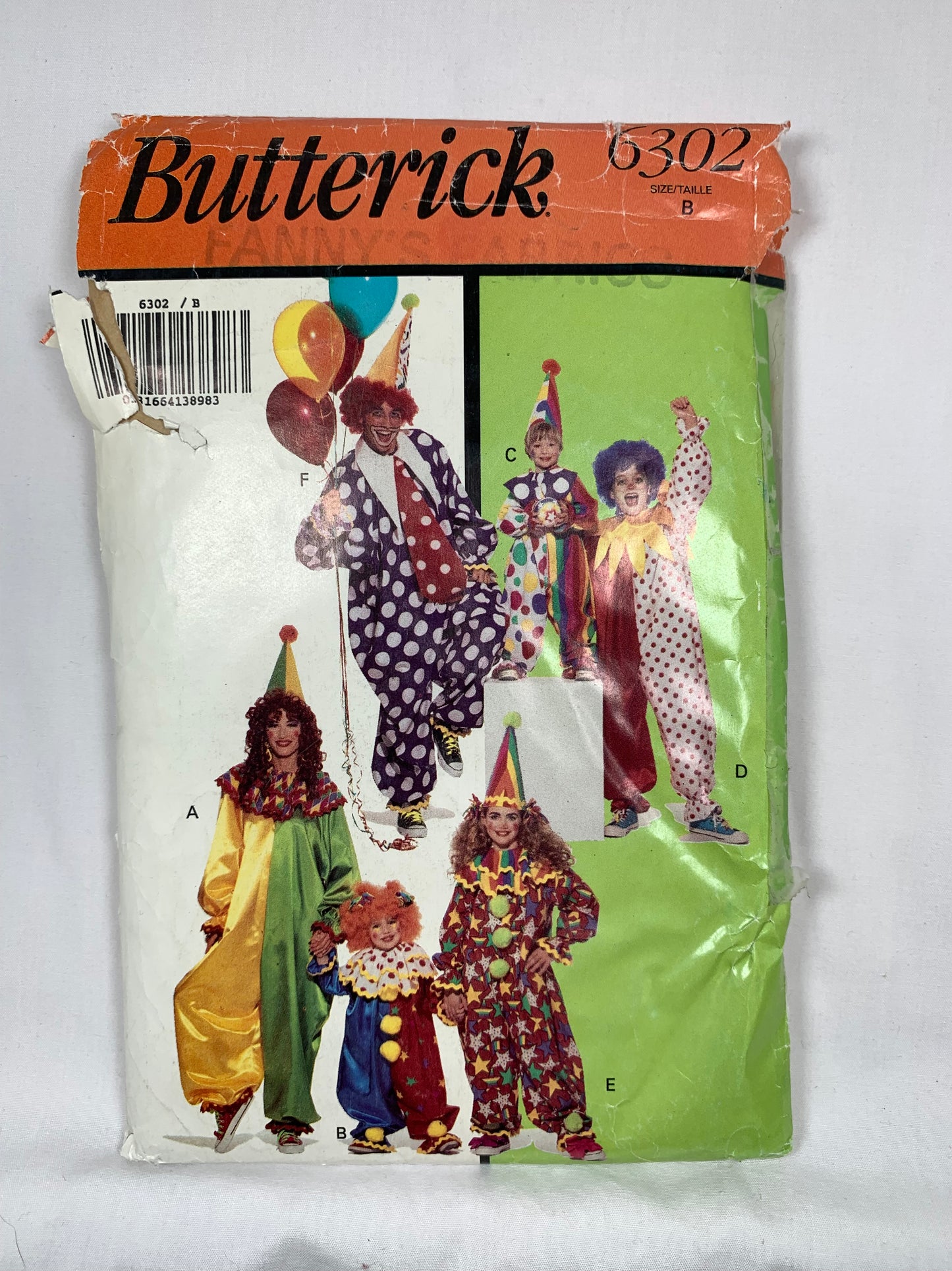 Butterick Sewing Pattern 6302, Men's Misses' Clown Costumes, Jumpsuit, Long Sleeves, Hat, Tie, Collar, Size S-L, Cut, Vintage 1992