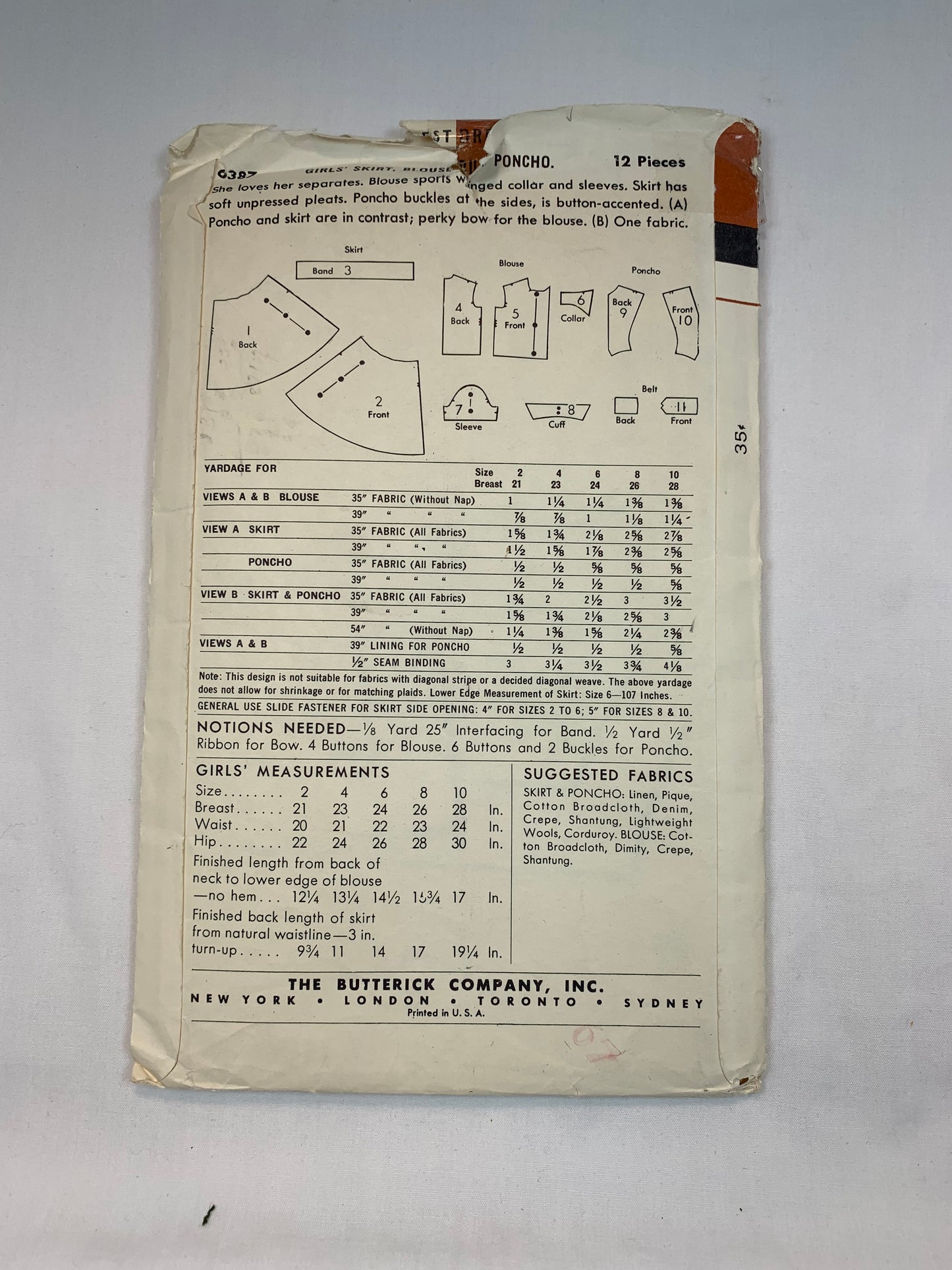 Butterick 6387 Girls' Skirt, Blouse, Poncho, Size 10, Cut, Vintage 1950