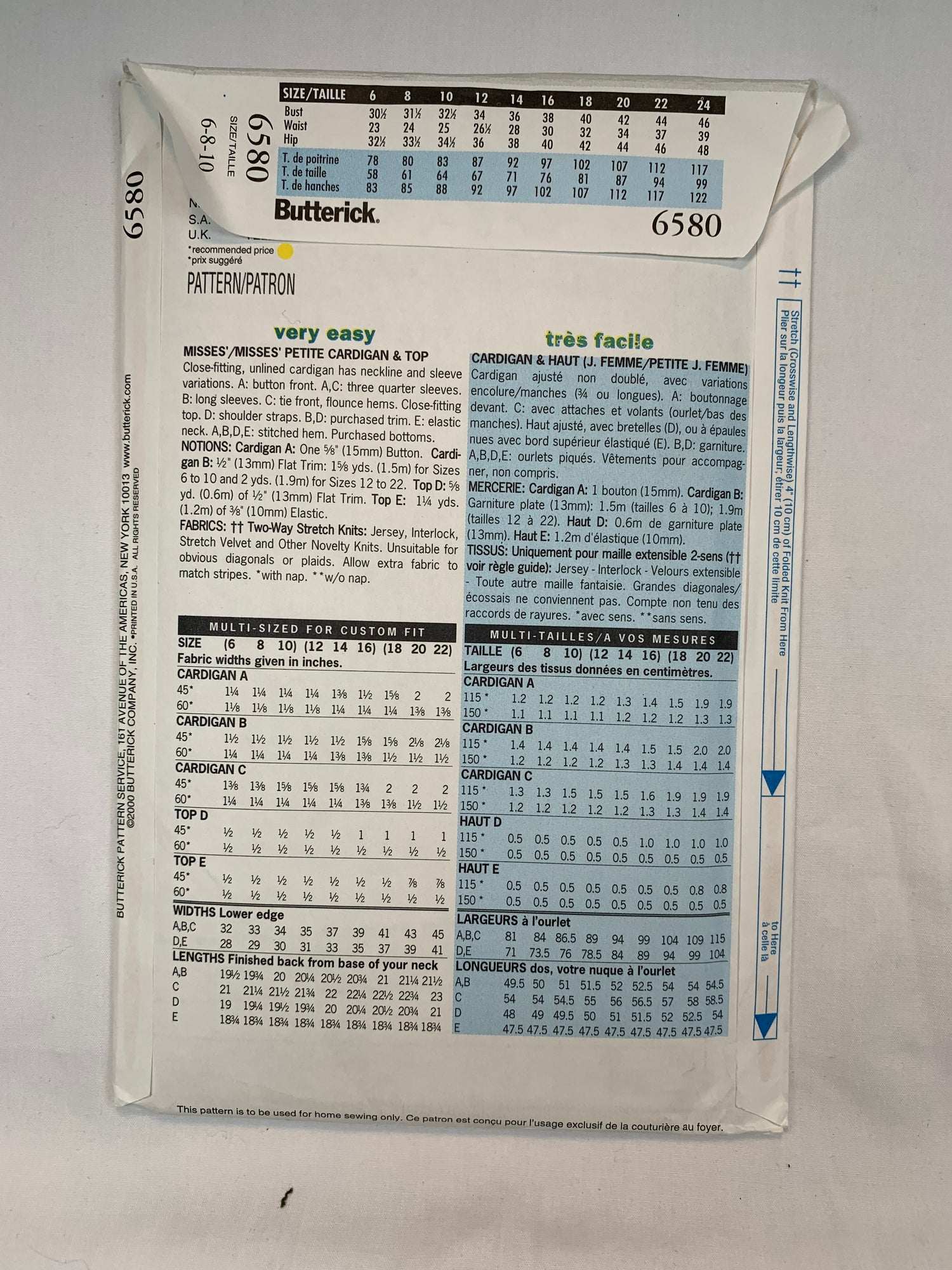 Butterick Sewing Pattern 6580 Misses'/Petite Cardigan, Top, Long Sleeves, Sleeveless, Close-Fitting, Size 6-10, Uncut, 2000
