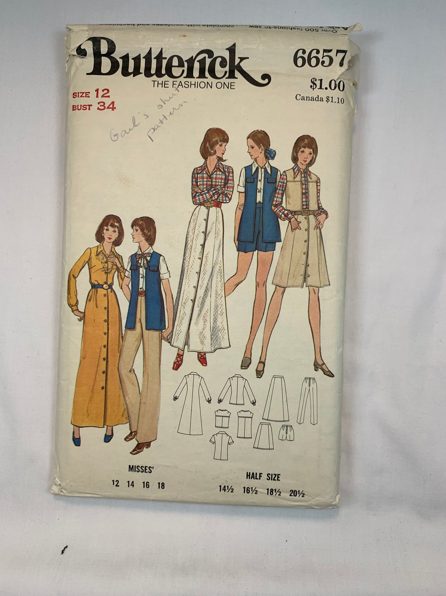 Butterick 6657 Misses' Half Size Dress, Blouse, Vest, Pants, Shorts, Skirt, Size 12, Cut, Vintage 1970