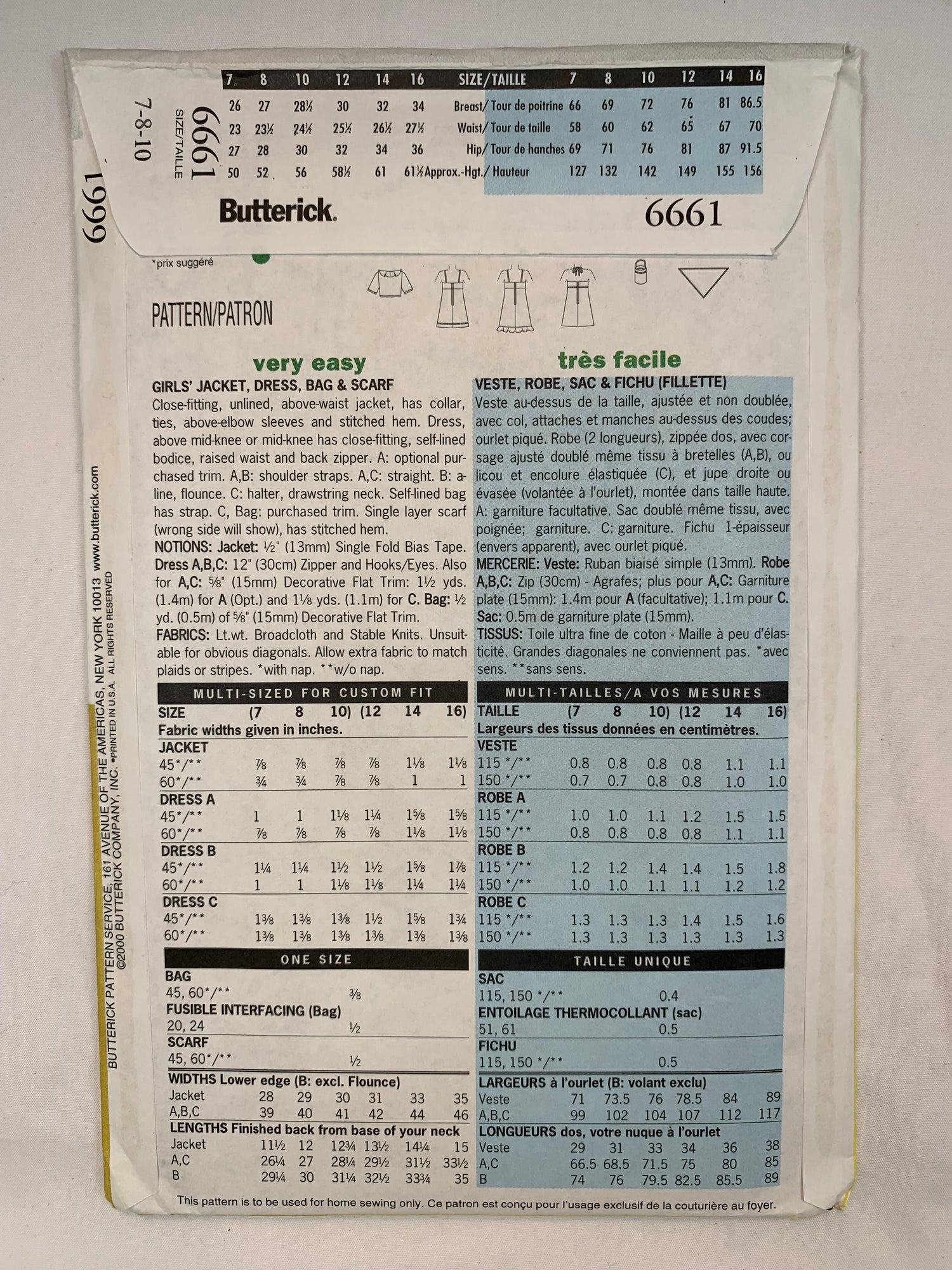 Butterick 6661 Girls' Jacket, Dress, Bag, Scarf, Size 7-10, Uncut, 2000