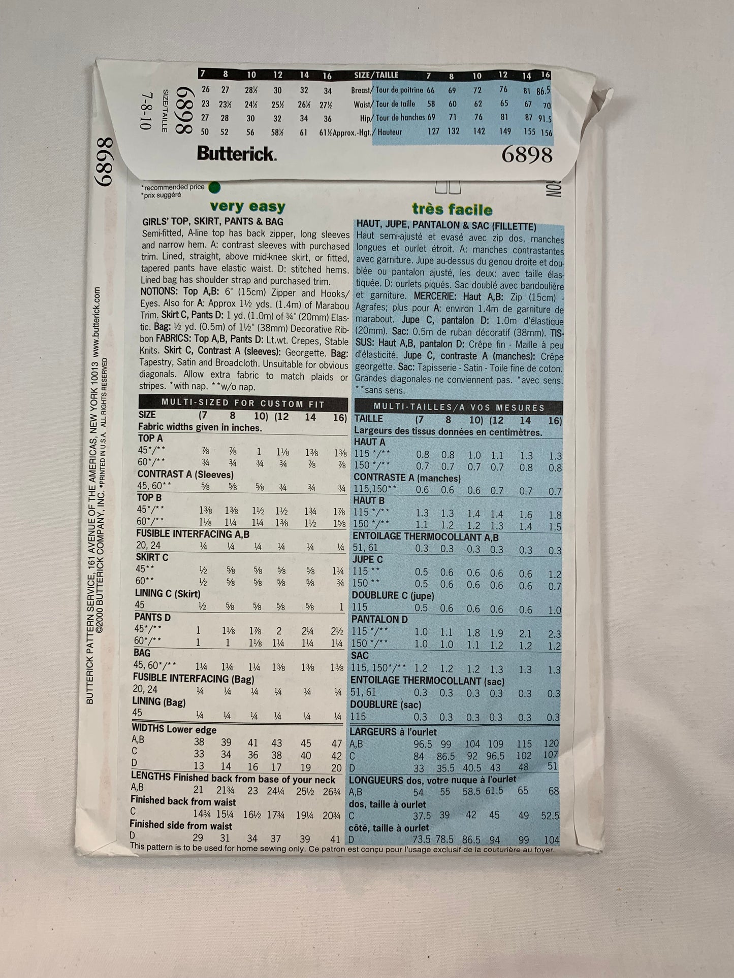 Butterick 6898 Girls' Top, Skirt, Pants, Bag, Size 7-10, Uncut, 2000