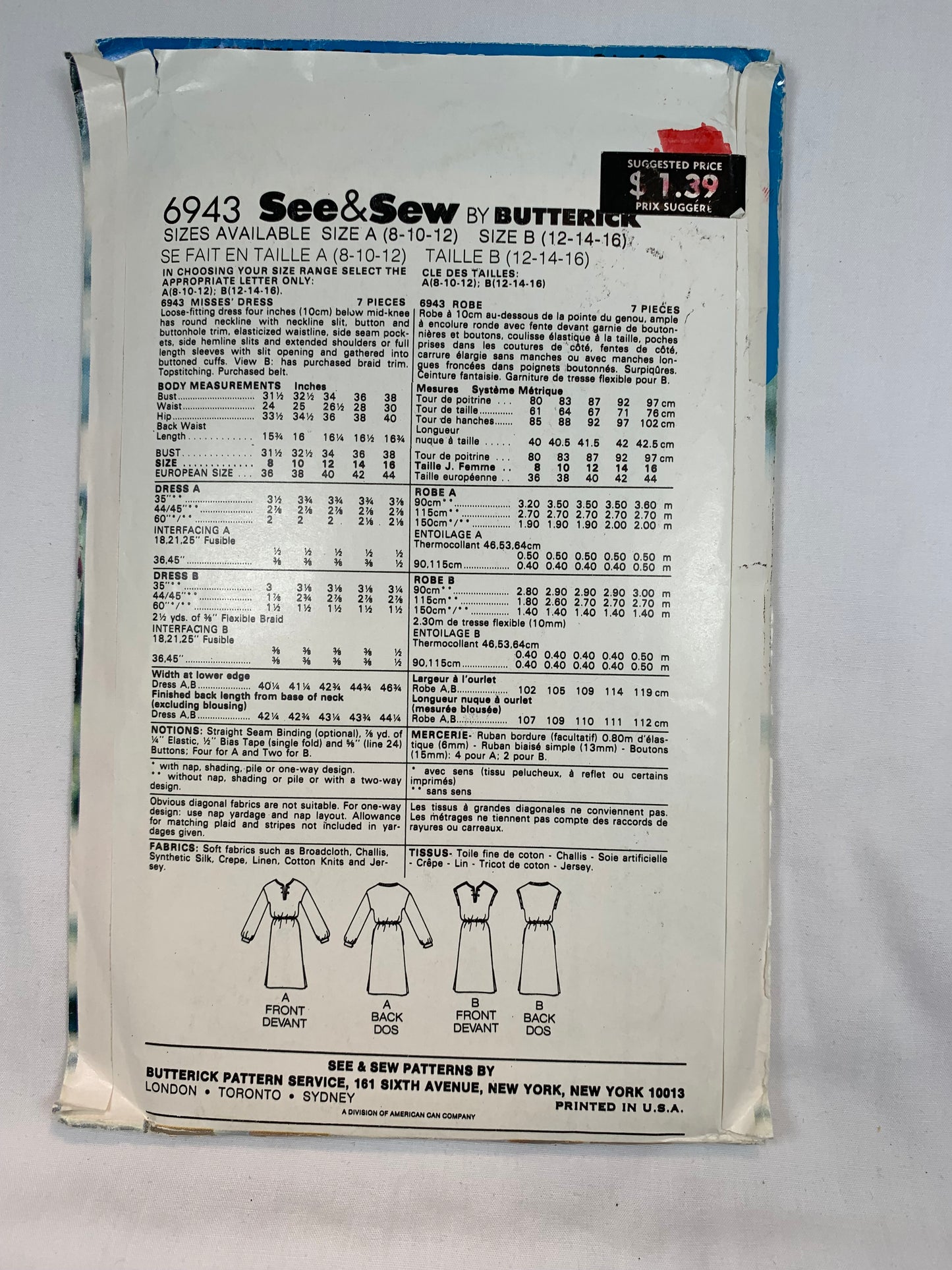 Butterick Sewing Pattern 6943 Misses' Dress, Loose-Fitting, Pockets, Long Sleeves, Sleeveless, Size 8-12, Uncut, Vintage 1980