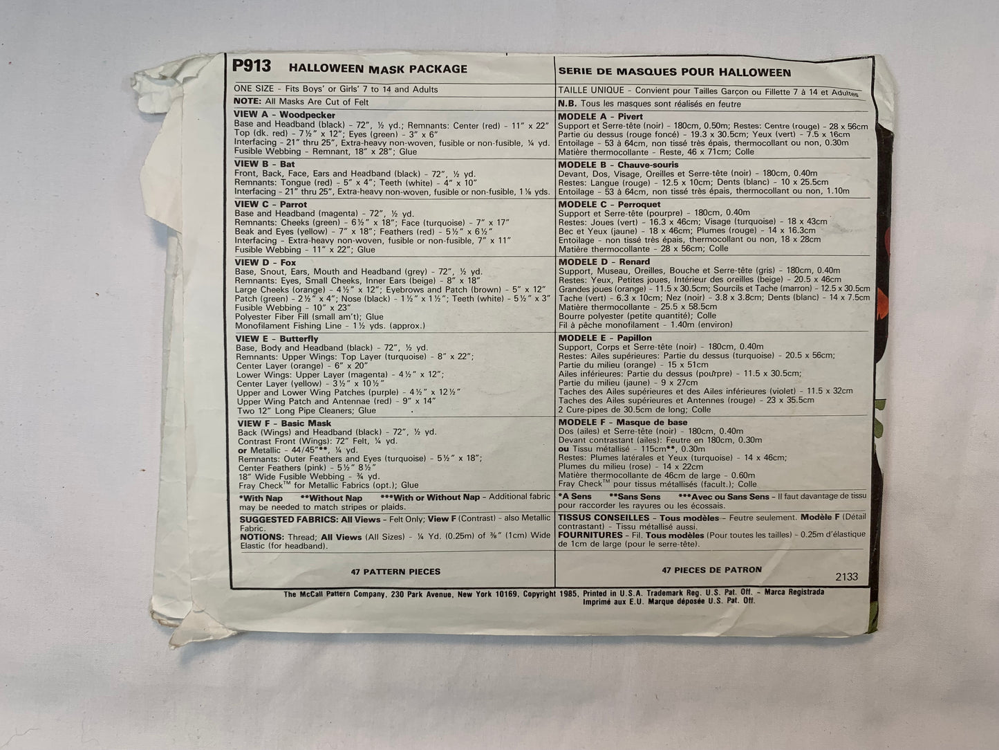 McCall's P913 Halloween Mask Package,, Cut, Vintage 1994