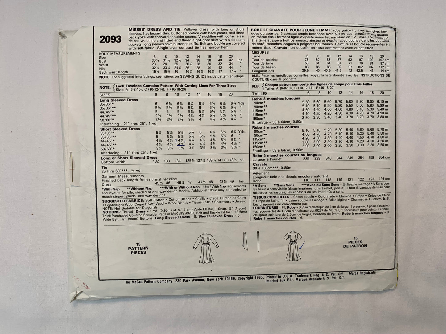 McCall's 2547 Misses' Dress, Tie Belt, Size 10, Cut, Vintage 1985