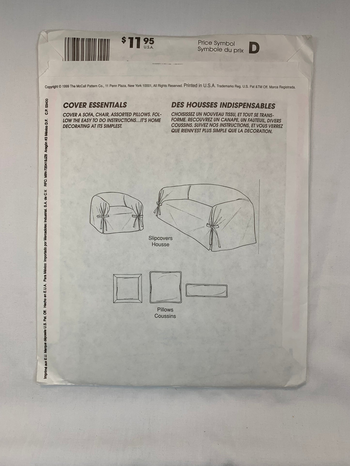 McCall's 2161 Home Decor, Cover Essentials, Sofa, Chair, Pillows, Cut, Vintage 1995