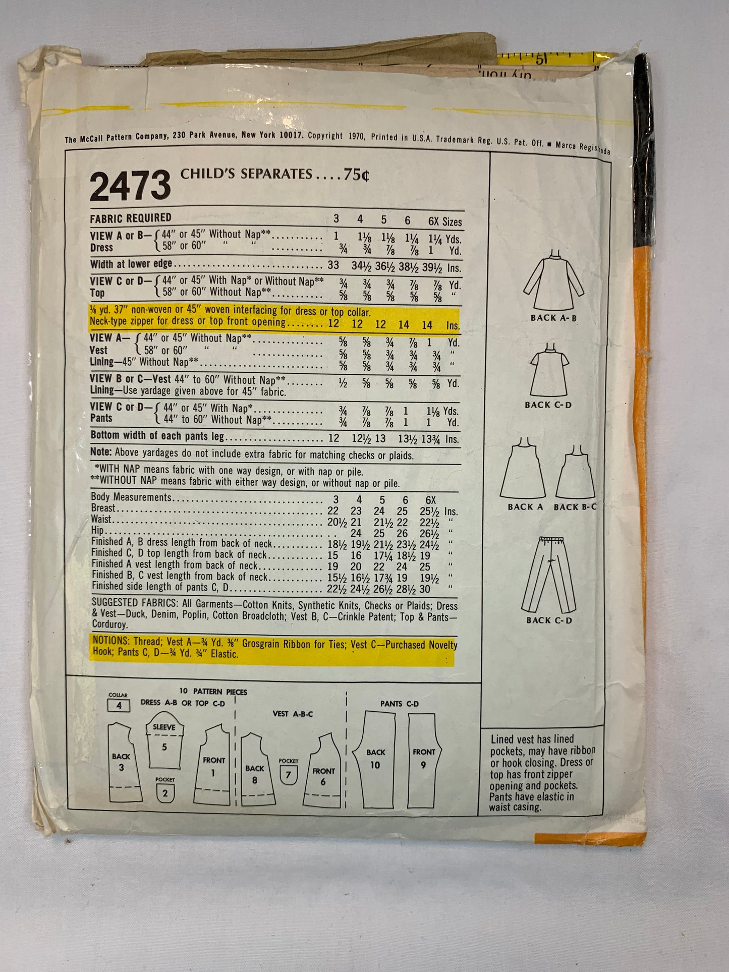 McCall's 2473 Girls' Dress,, Pants, Vest, Size 5, Cut, Vintage 1970