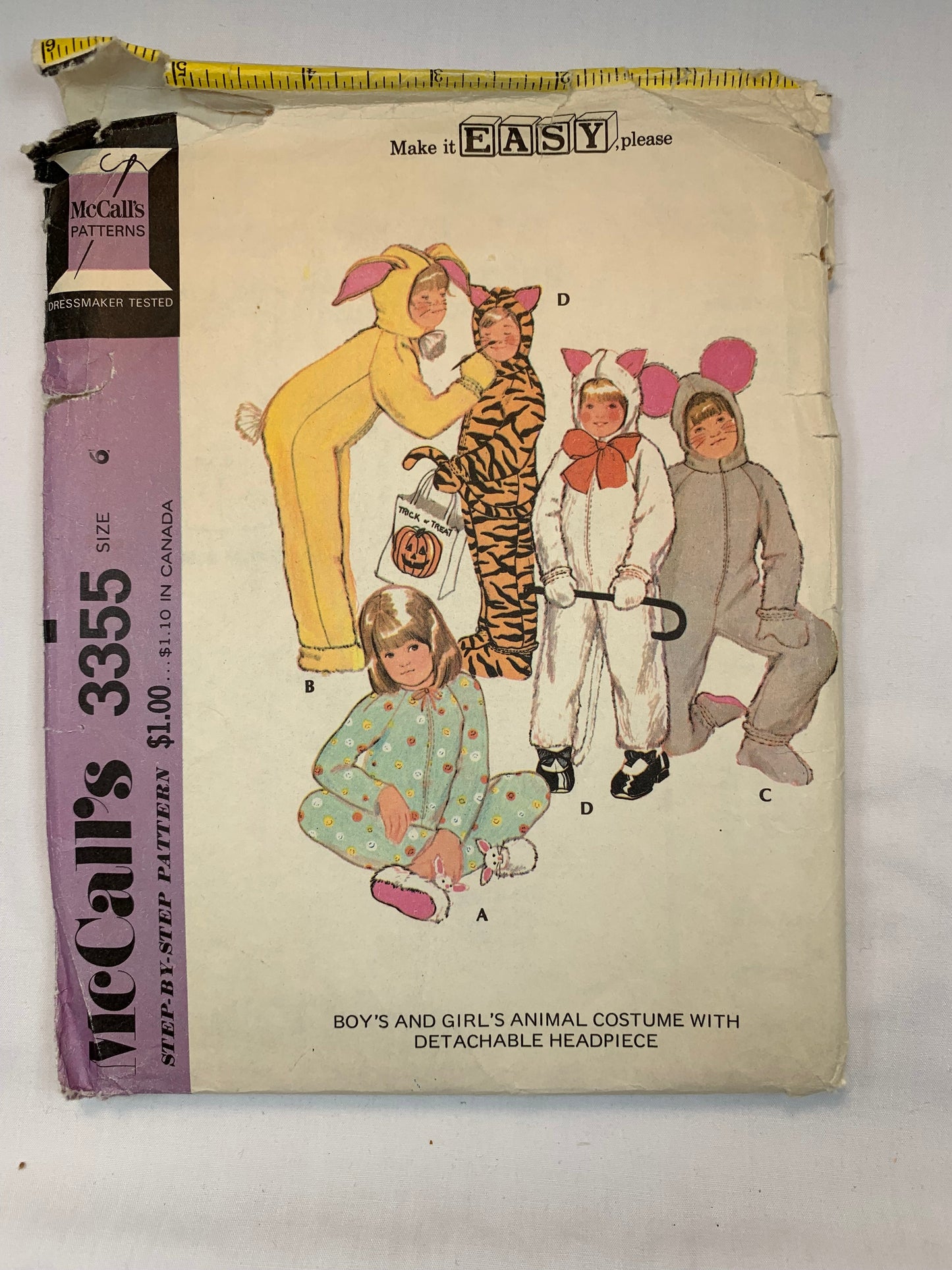 McCall's 3355 Crafts Animal Costumes Children's Boys', Girls' Bunny, Tiger, Mouse, Kitten, Size 6, Cut, Vintage 1972