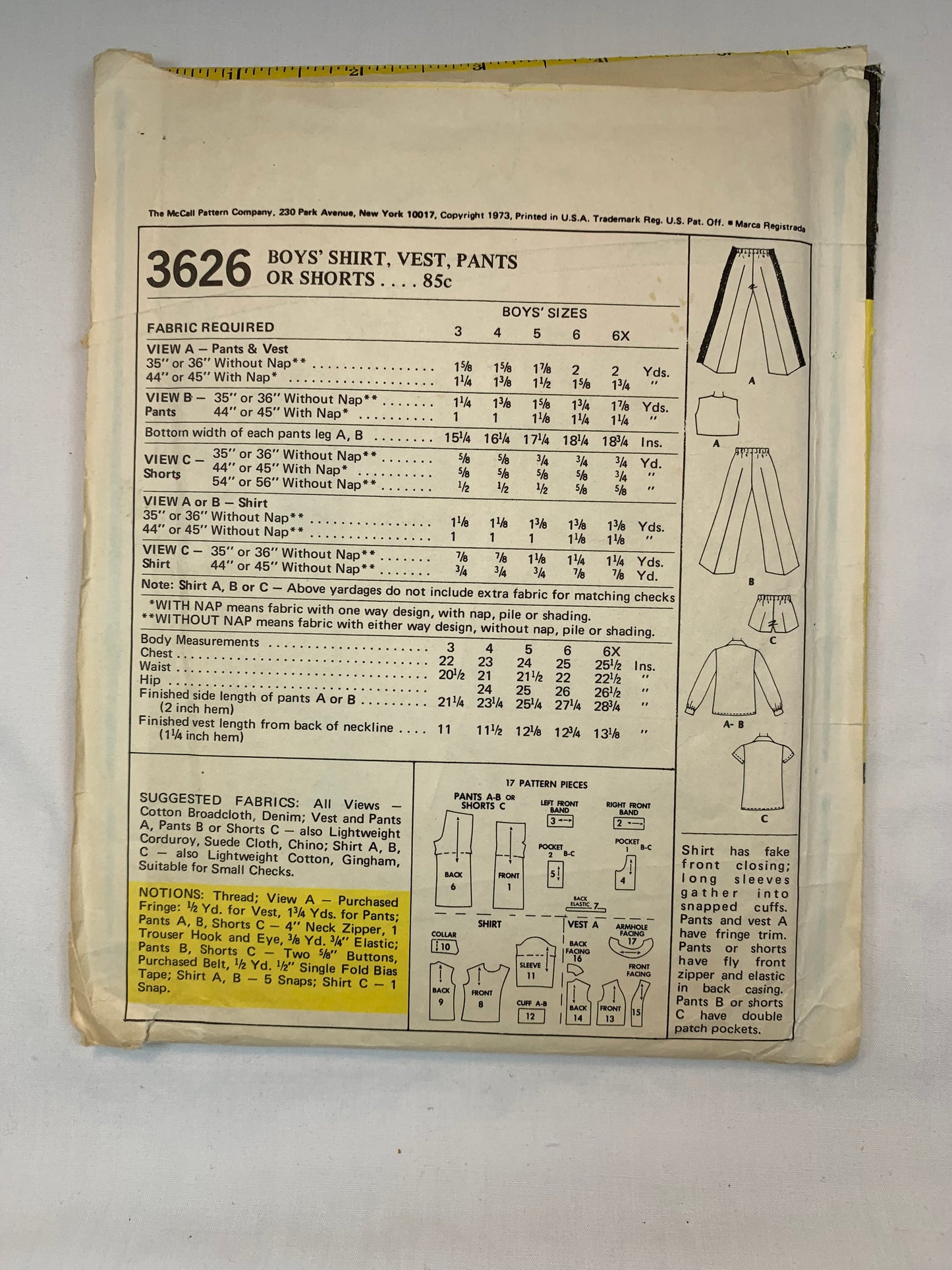 McCall's 3626 Children's, Boys' Vest, Pants, Shorts, Size 3 Cut, Vintage 1973
