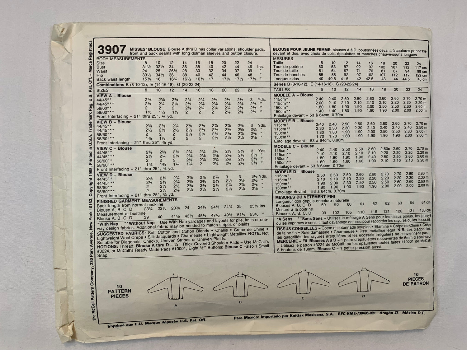 McCall's 3907 Misses' Blouse, Size 14-16, Cut, Vintage 1988