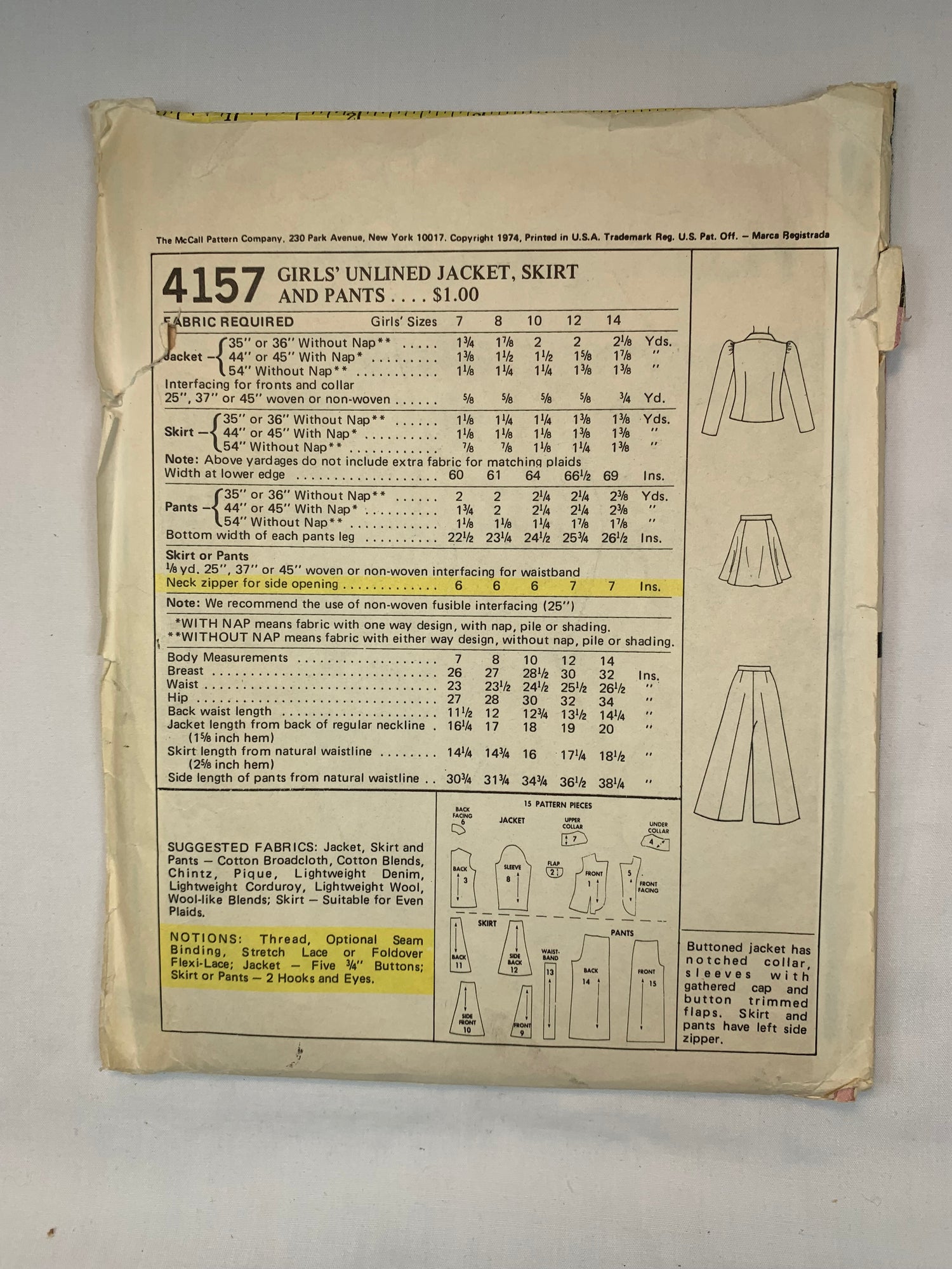 McCall's Girls' Unlined Jacket, Skirt, Pants, Size 10, Cut, Vintage 1974