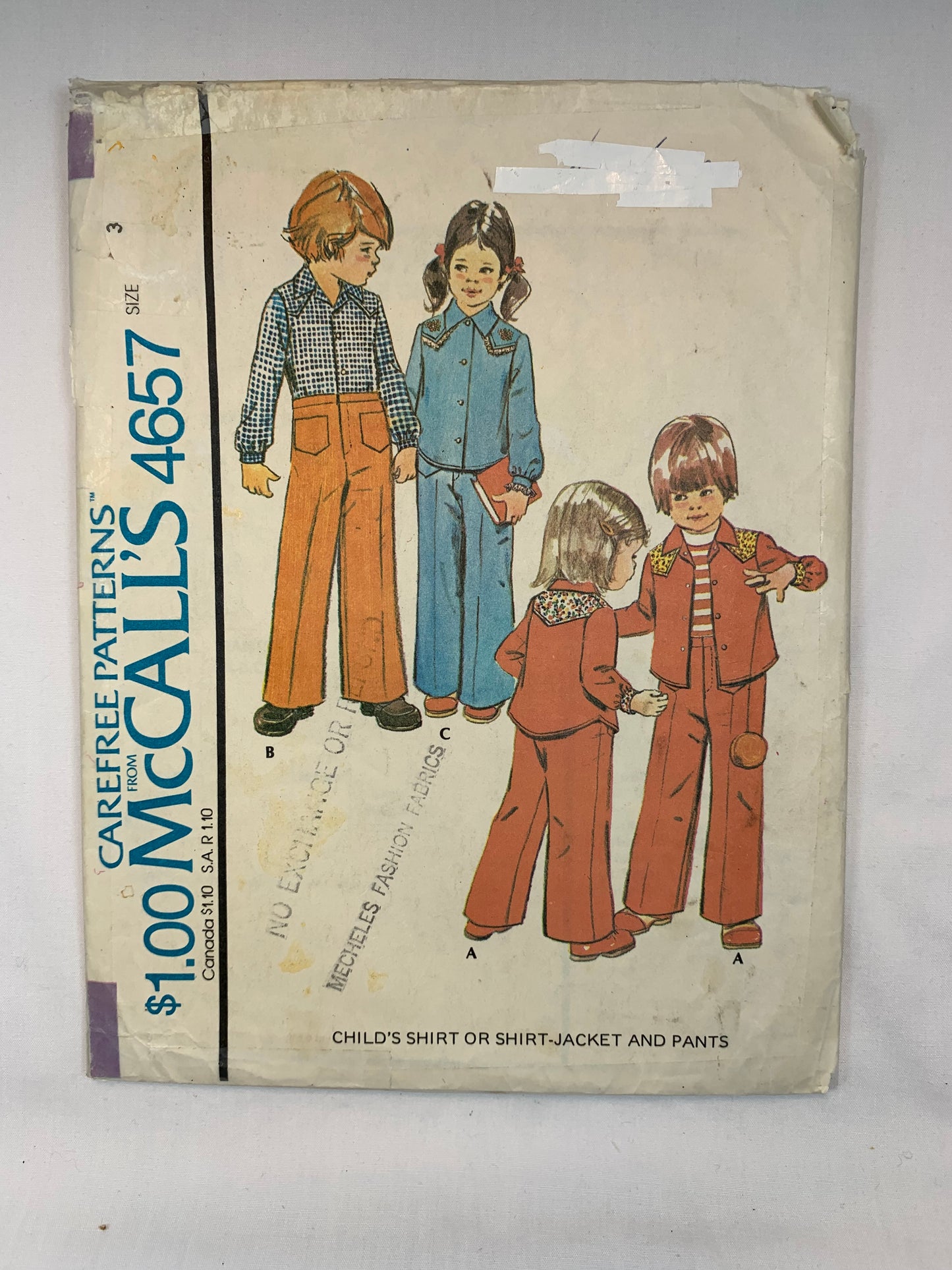 McCall's 4657 Boys' Girls' Shirt, Shirt-Jacket, Pants, Size 3, Cut, Vintage 1975