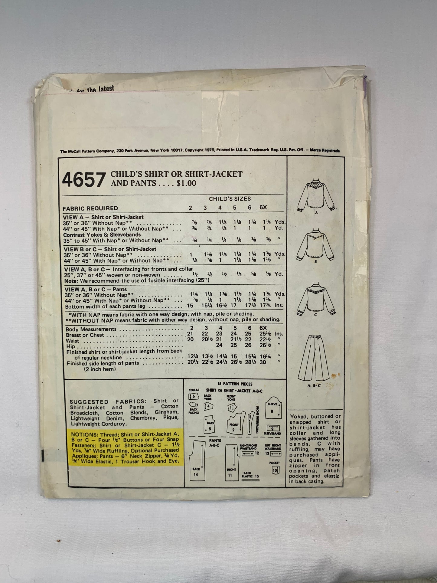 McCall's 4657 Boys' Girls' Shirt, Shirt-Jacket, Pants, Size 3, Cut, Vintage 1975