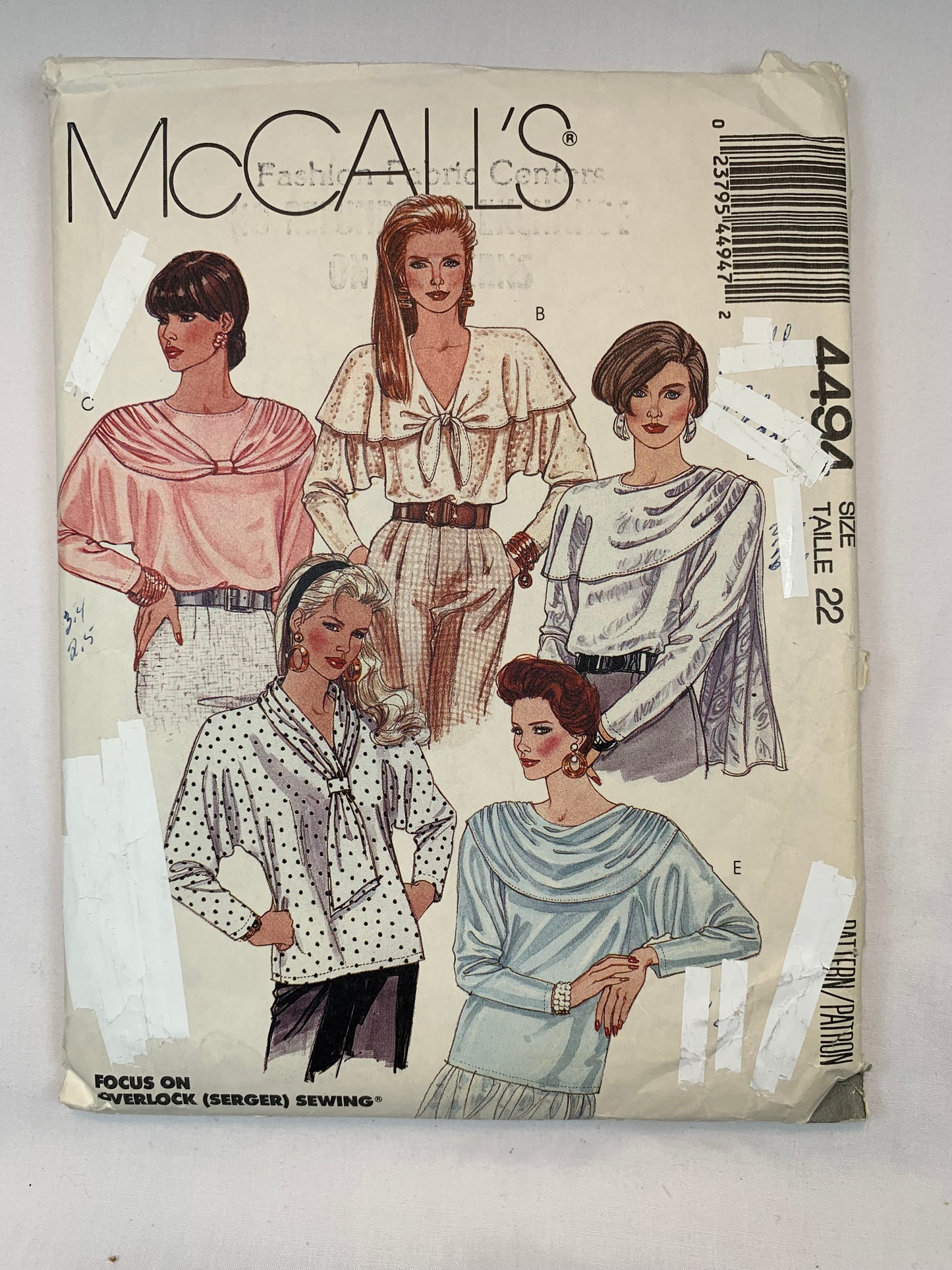 McCall's 4494 Misses' Tops, Scarfs, Size 22, Cut, Vintage 1989