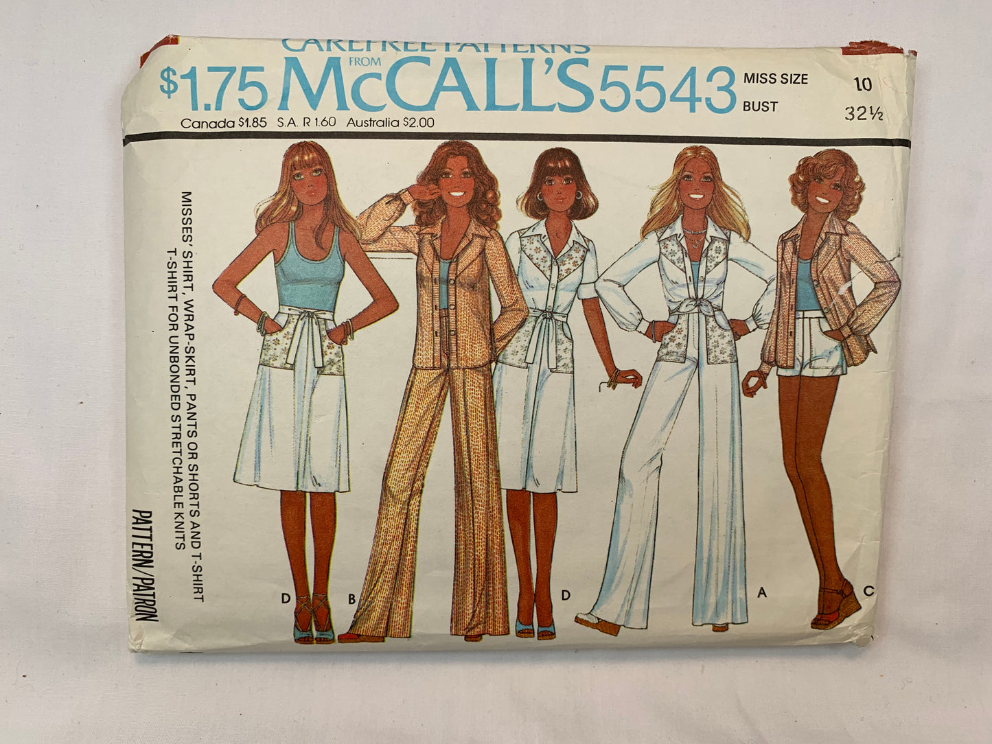 McCall's 5543 Misses' Shirt, T-Shirt, Pants, Shorts, Wrap Skirt, Size 10, Cut, Vintage 1977