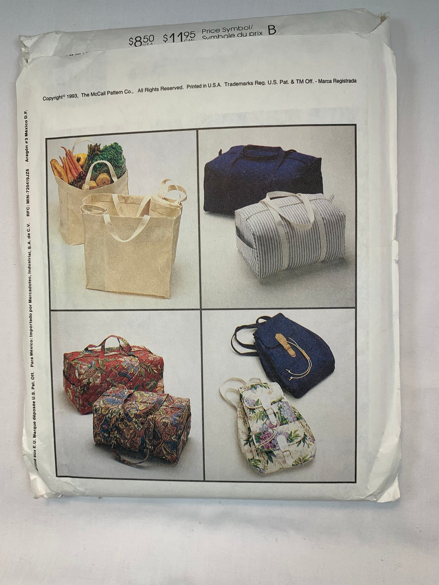 McCall's 6320 Crafts Tote Bags, Food, Duffle, Lunch,, Uncut, Vintage 1993