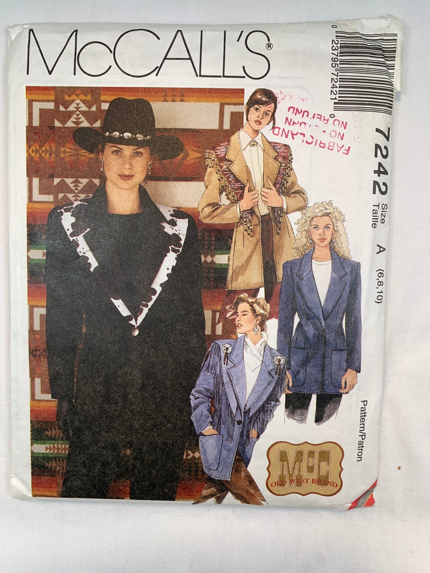 McCall's 7242 Misses' Western Unlined Jacket, Shawl, Size 6-10, Uncut, Vintage 1994