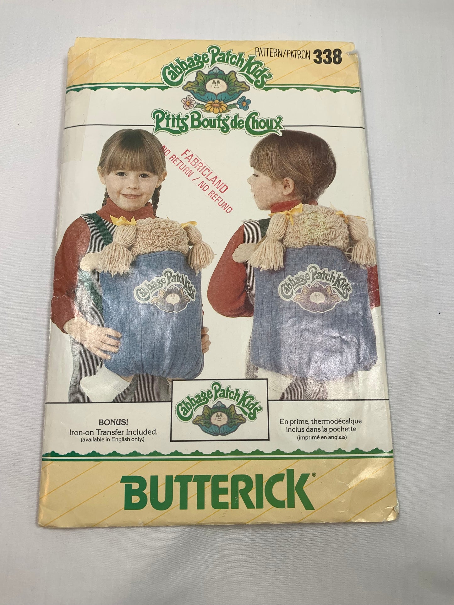 Butterick Sewing Pattern 338 Cabbage Patch Kids Backpacks, Shoulder Straps, Fastener Closing, Tote, Cut, Vintage 1984