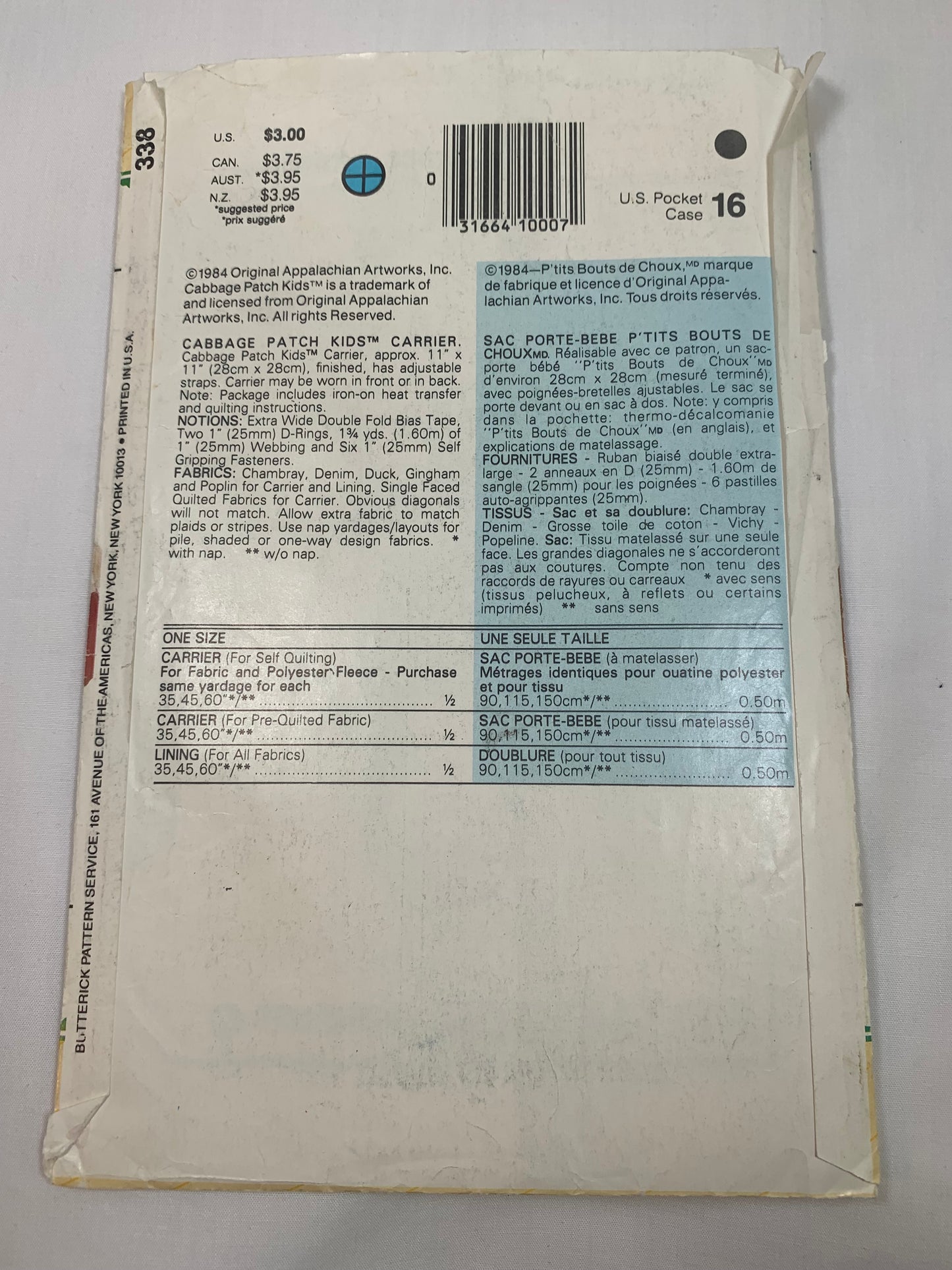 Butterick Sewing Pattern 338 Cabbage Patch Kids Backpacks, Shoulder Straps, Fastener Closing, Tote, Cut, Vintage 1984