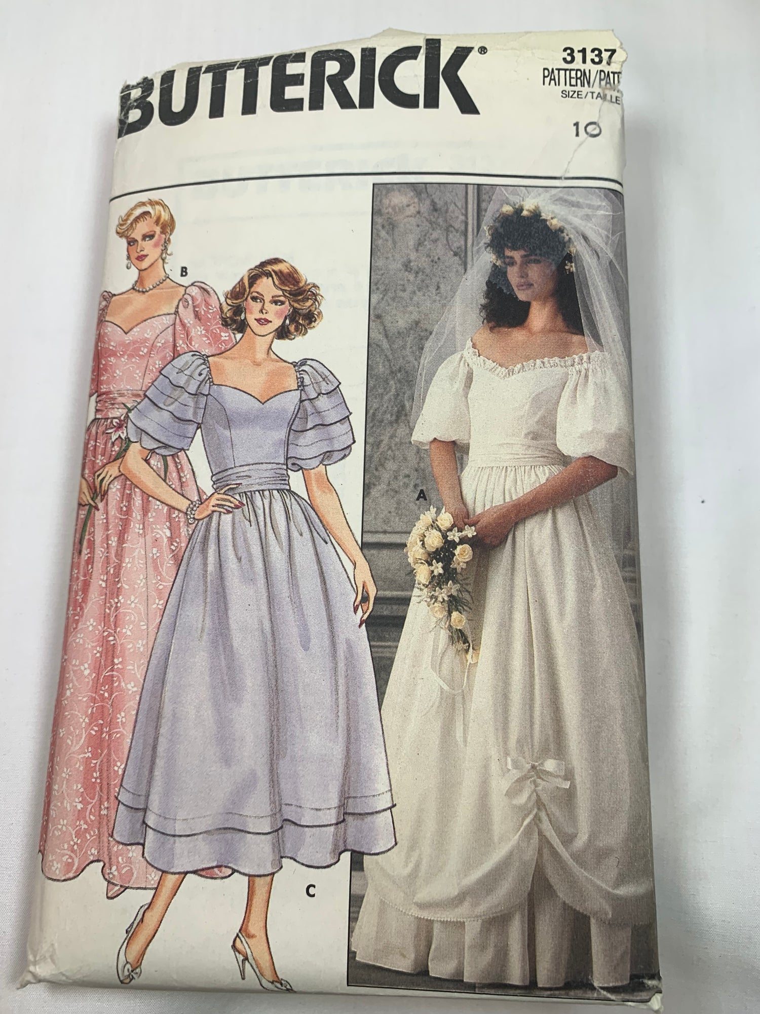 Butterick Sewing Pattern 3137 Misses' Bridal Gowns, Bridesmaids' Dress, Two Lengths, Princess seams, Flared Skirt, Zipper Back, Size 10, Uncut, Vintage 1986