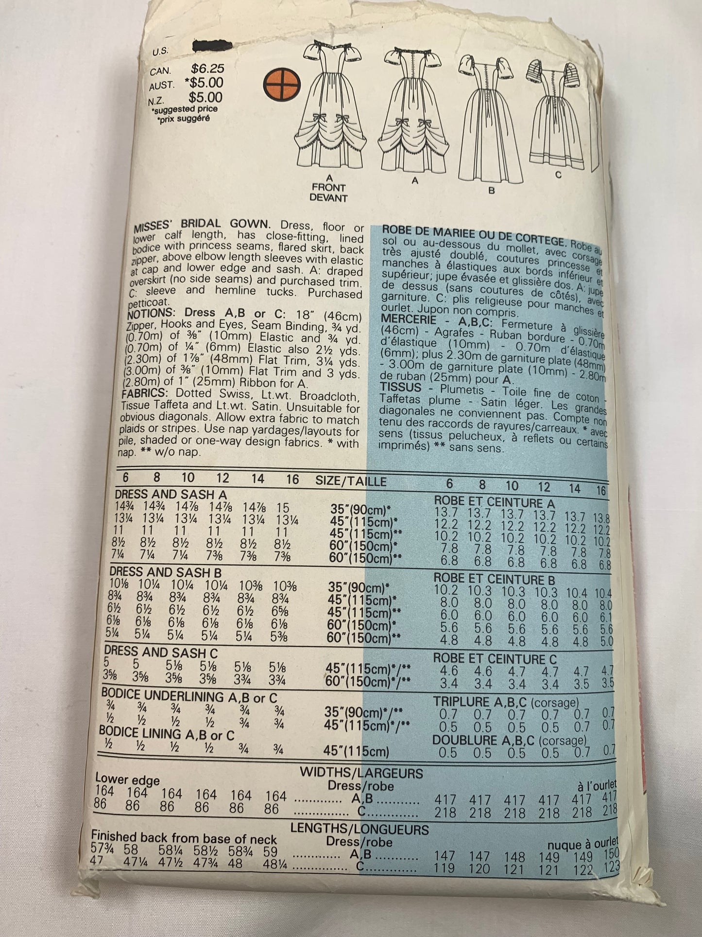 Butterick Sewing Pattern 3137 Misses' Bridal Gowns, Bridesmaids' Dress, Two Lengths, Princess seams, Flared Skirt, Zipper Back, Size 10, Uncut, Vintage 1986
