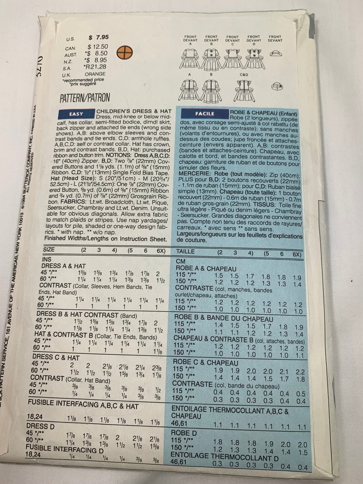 Butterick Sewing Pattern 3270 Girls' Dress, Two Lengths, Collar, Semi-Fitted, Dirndl Skirt, ,Ruffles, Zipper, Tie Ends, Size 5-6X, Cut, Vintage 1994