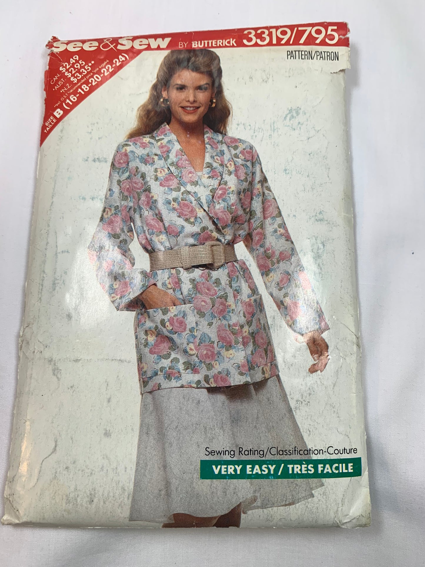 Butterick Sewing Pattern 3319 Misses' Jacket, Top, Skirt, Loose-Fitting, Shoulder Pads, Shawl Collar, Size 16-20, Cut, Vintage 1989