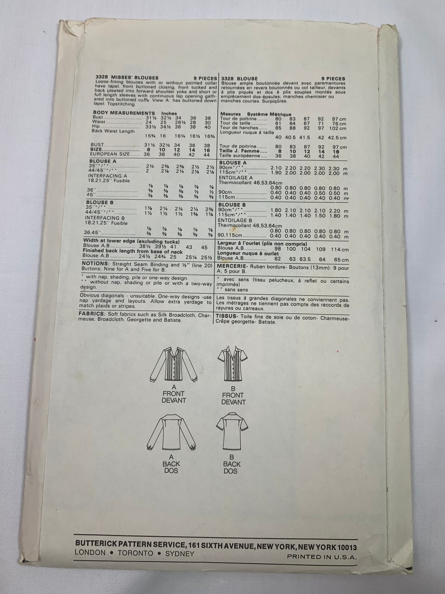Butterick Sewing Pattern 3328 Misses' Blouses, Shirts, Loose-Fitting, Button Front, 2 Variations, Long/Short Sleeves, Collar, Size 8, Cut, Vintage 1987