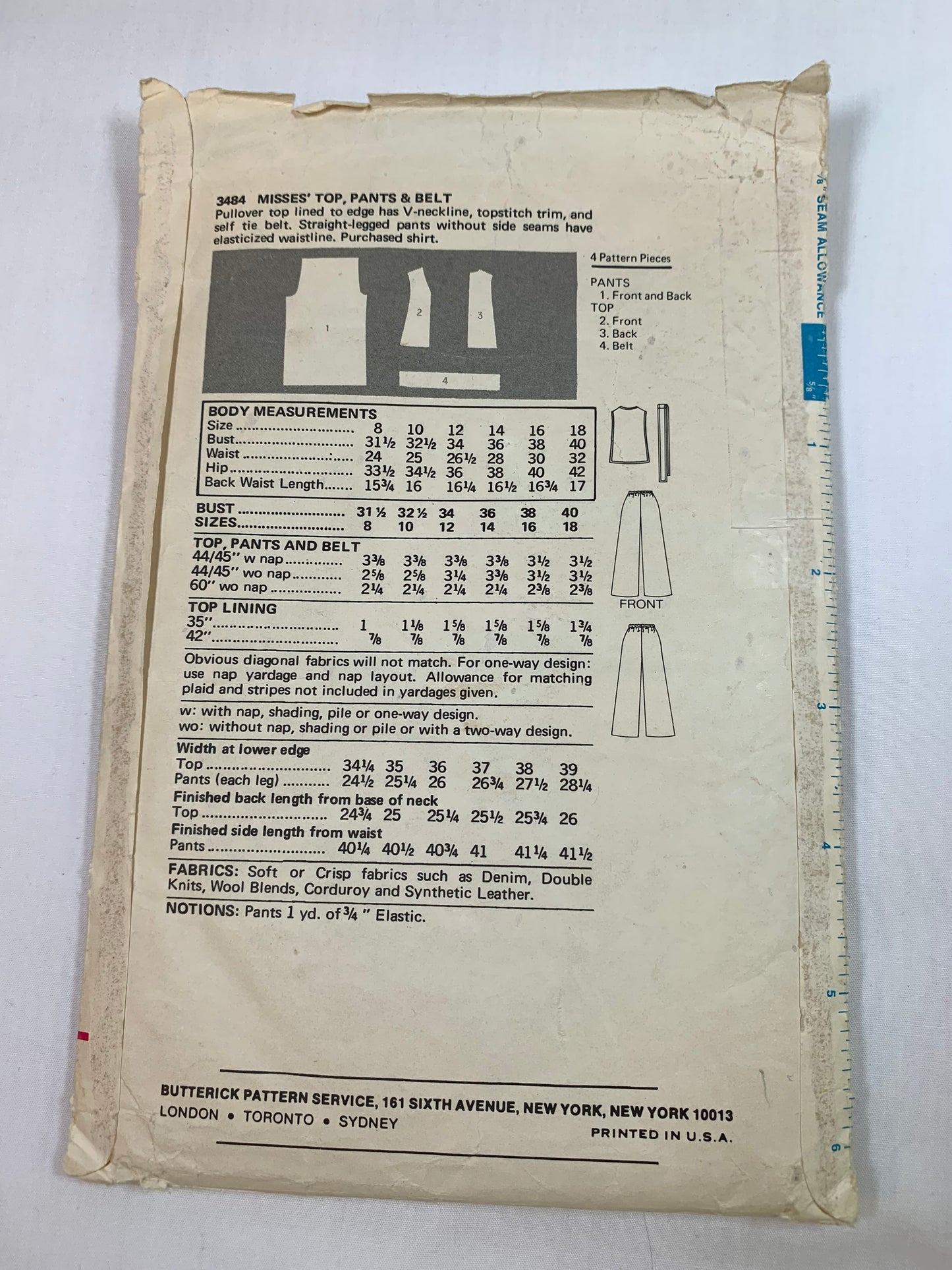 Butterick Sewing Pattern 3484 Misses' Top, Pants, Pullover, Tie Belt, Straight Leg, Elastic Waist, Pull-On, Size 10, Cut, Vintage 1987