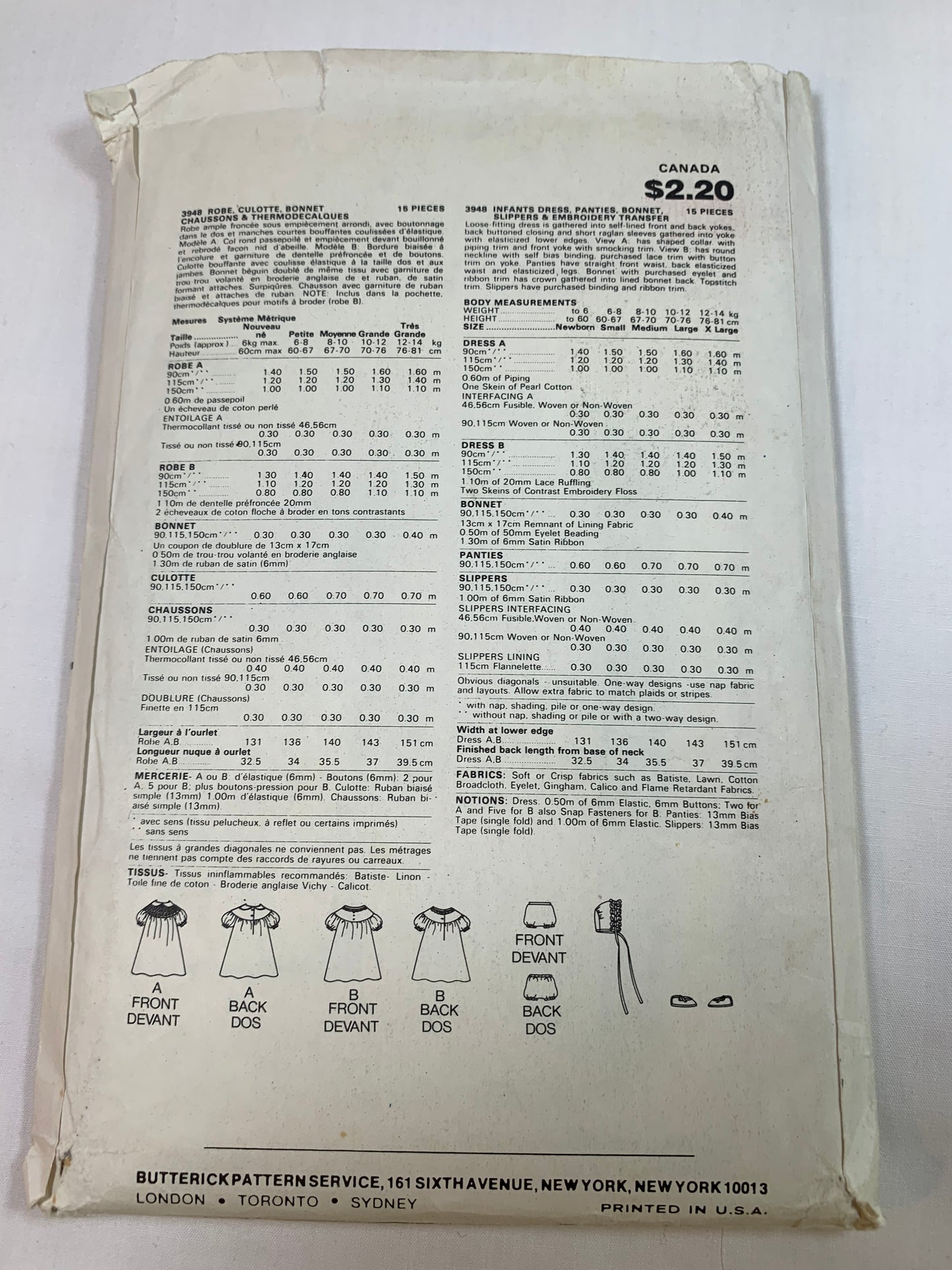 Butterick Sewing Pattern 3948 Baby/Infant Dress, Panties, Bonnet, Slippers, Embroidery Transfers, Loose-Fitting, Shorts Sleeves, Button Back, Size10-12 Pounds, Cut, Vintage 1989