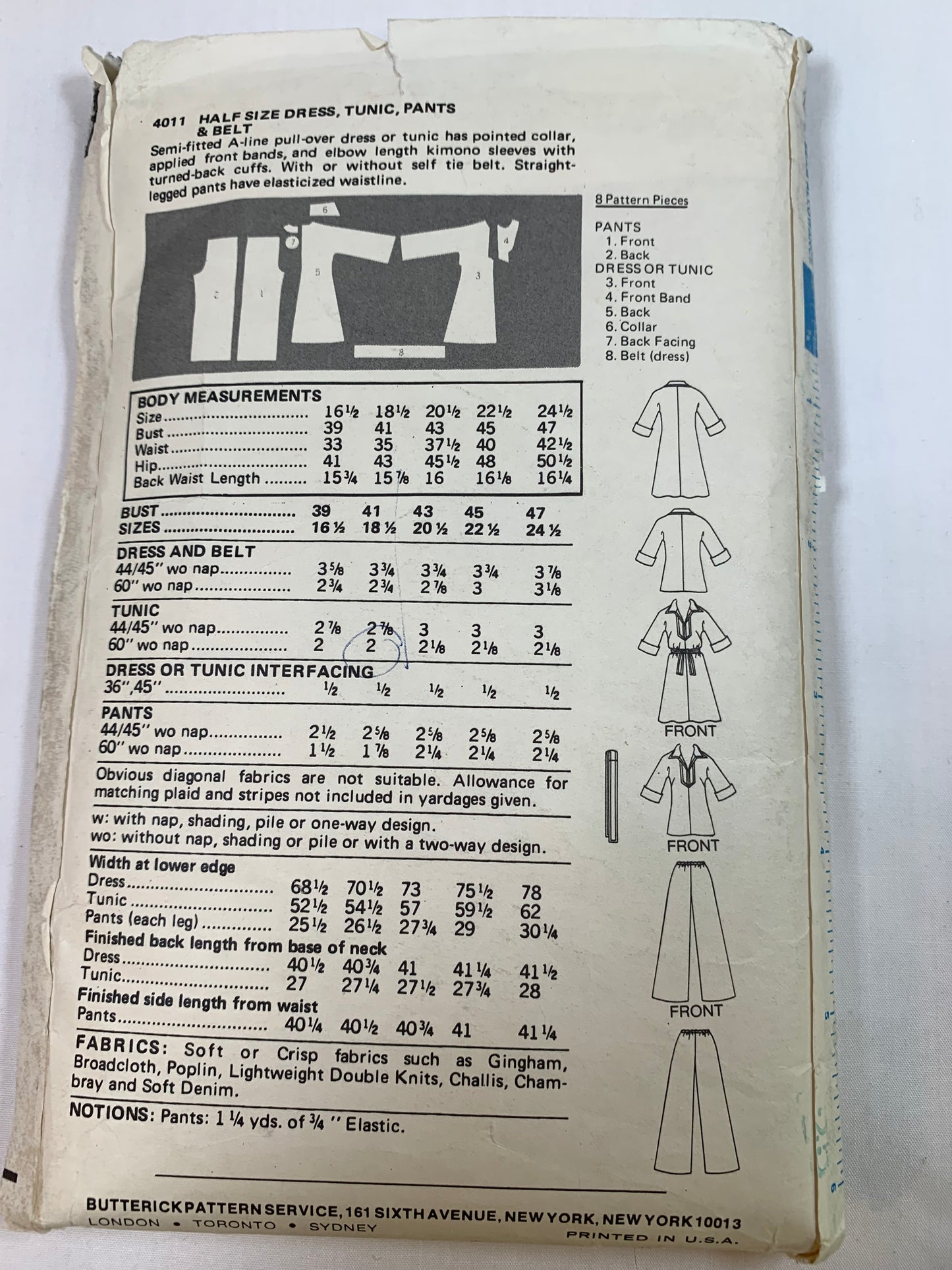 Butterick Sewing Pattern 4011 Misses' Pants, Tunic, Dress, Belt, Half Size, Semi-Fitted, Long Kimono Sleeves, Elastic Waist, Size 18 1/2, Cut, Vintage 1970