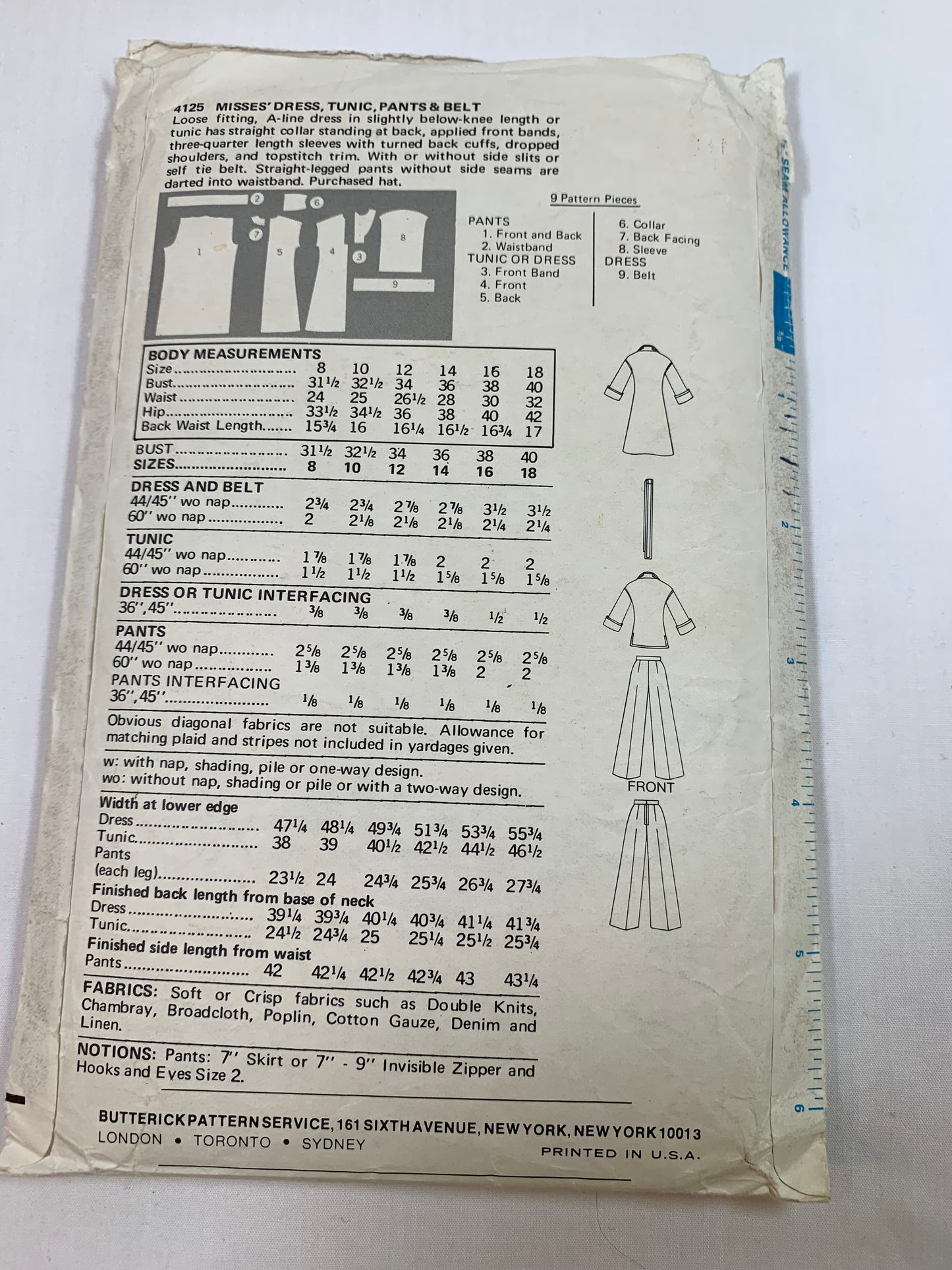 Butterick Sewing Pattern 4125 Misses' Pants, Tunic, Dress, Belt, Loose-Fitting, Long Sleeves, Pullover, Two Lengths, Zipper Back, Size 18, Cut, Vintage 1970
