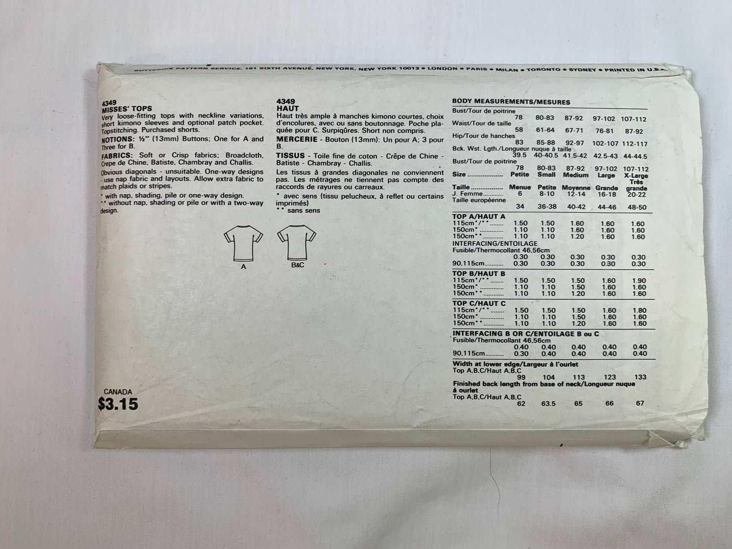 Butterick Sewing Pattern 4349 Misses' Blouses, Shirts, Pockets, Loose-Fitting, Short Kimono Sleeves, Size 20-22, Cut, 2003