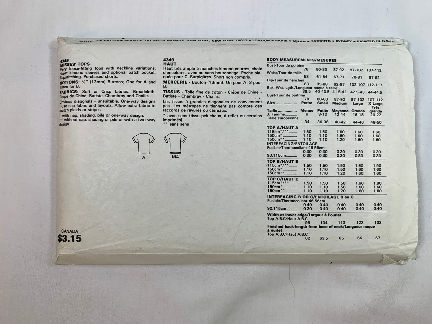 Butterick Sewing Pattern 4349 Misses' Blouses, Shirts, Pockets, Loose-Fitting, Short Kimono Sleeves, Size 20-22, Cut, 2003