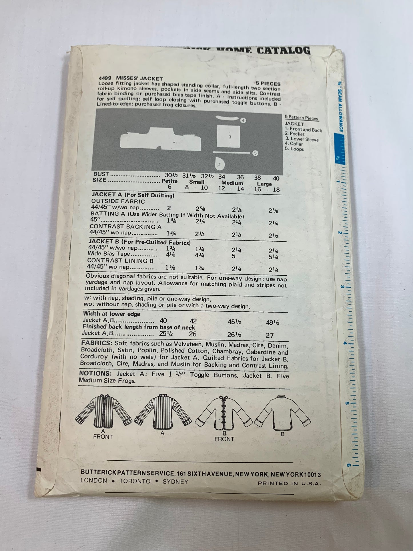 Butterick Sewing Pattern 4499 Misses'/Men's Unisex Jacket, Long Kimono Sleeves, Loose-Fitting, Pockets, Side Slts, Size 16-18, Cut, Vintage 1991