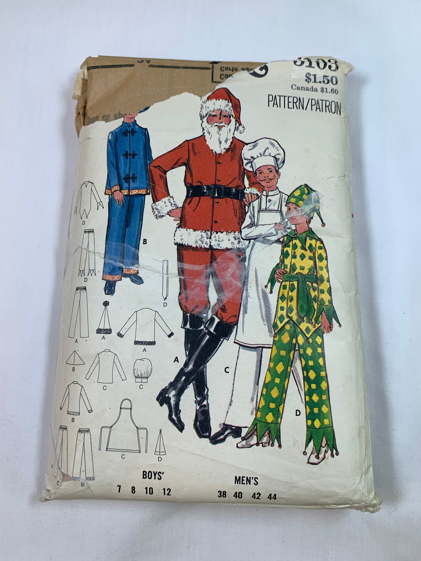 Butterick Sewing Pattern 5103 Men's/Boys' Costumes, Halloween, Christmas, Santa, Claus, Chinese, Chef, Jester, Apron, Hat, Size 44, Cut, Vintage 1986