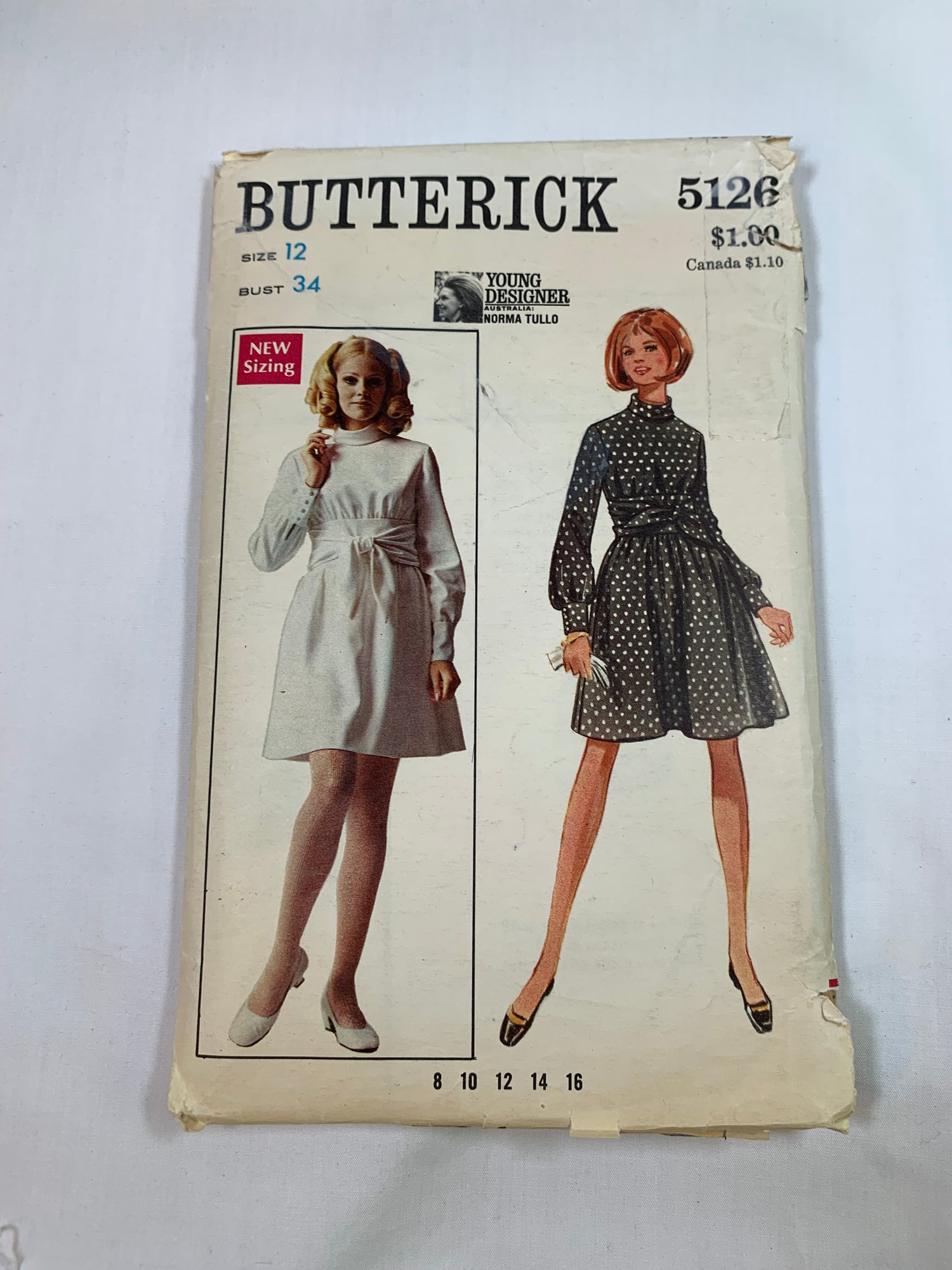 Butterick Sewing Pattern 5126 Misses' Dress, Long Sleeves, Zipper Back, Flared Skirt, Loose-Fitting, Size 12, Cut, Vintage 1986