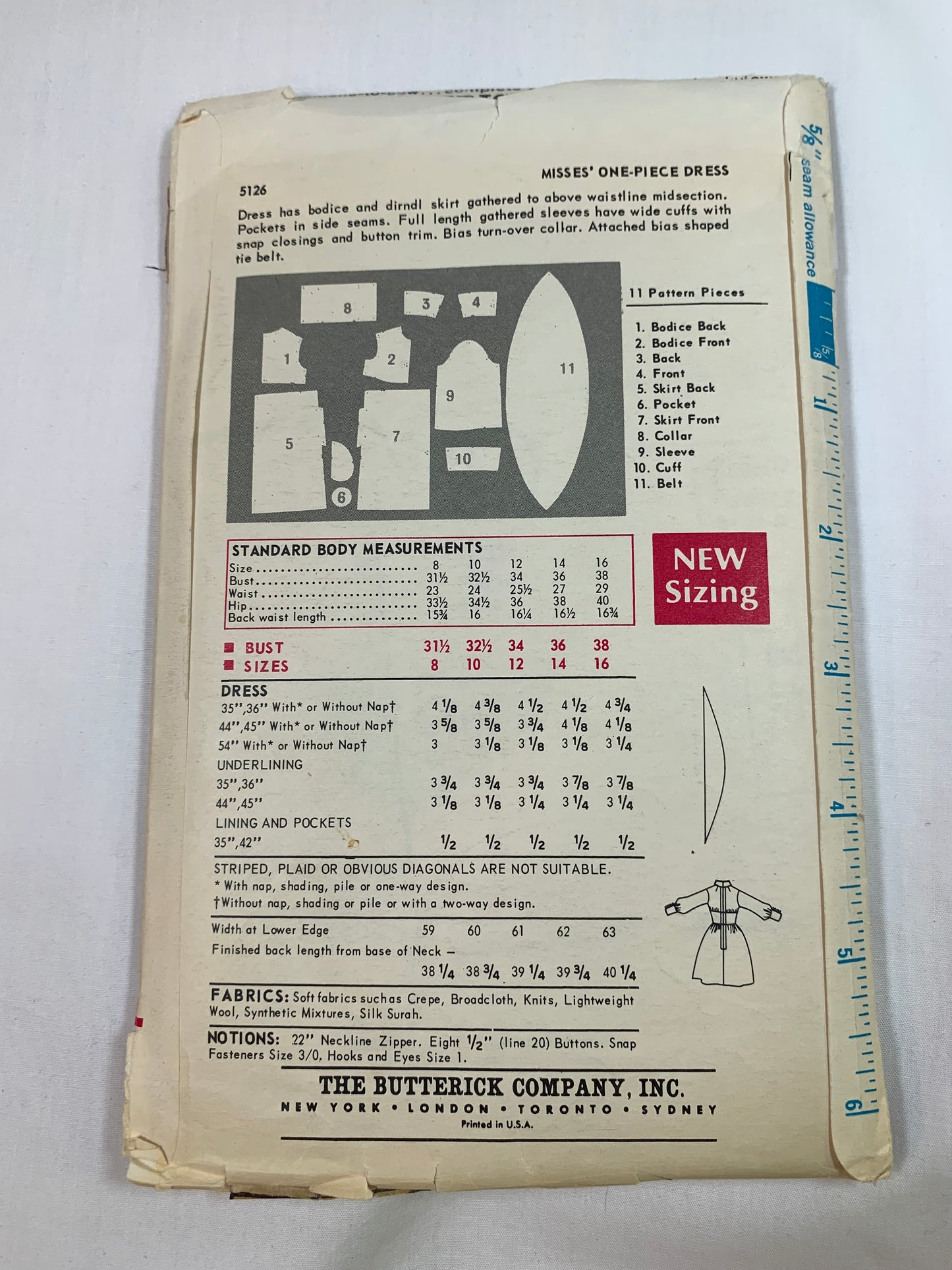 Butterick Sewing Pattern 5126 Misses' Dress, Long Sleeves, Zipper Back, Flared Skirt, Loose-Fitting, Size 12, Cut, Vintage 1986