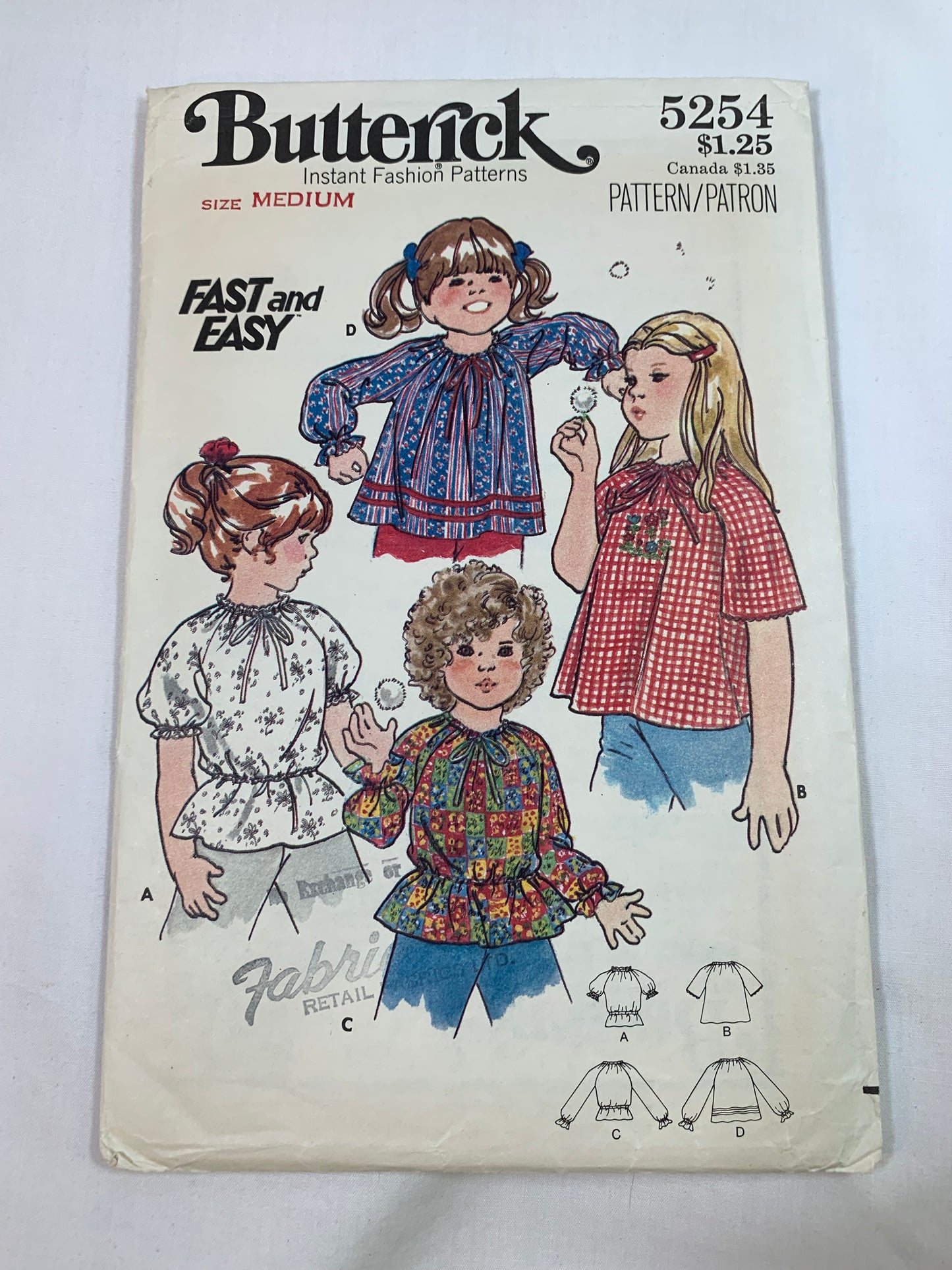 Butterick Sewing Pattern 5254 Girls' Blouse, Loose-Fitting, 4 Variations, Long/Short Raglan Sleeves, Elastic Waist, Size 3-4, Cut, Vintage 1970