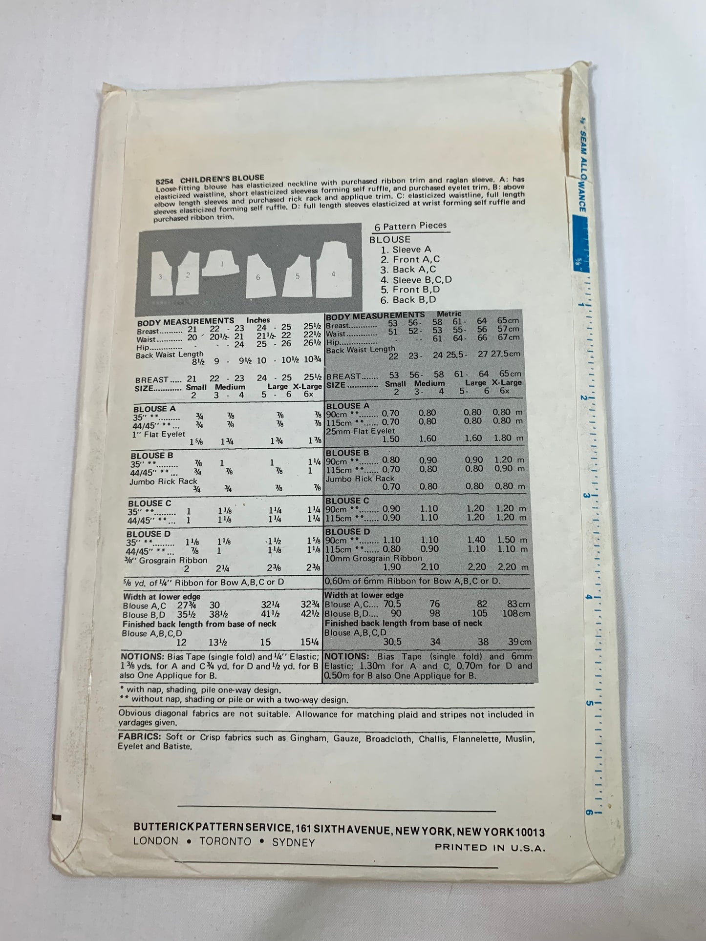 Butterick Sewing Pattern 5254 Girls' Blouse, Loose-Fitting, 4 Variations, Long/Short Raglan Sleeves, Elastic Waist, Size 3-4, Cut, Vintage 1970